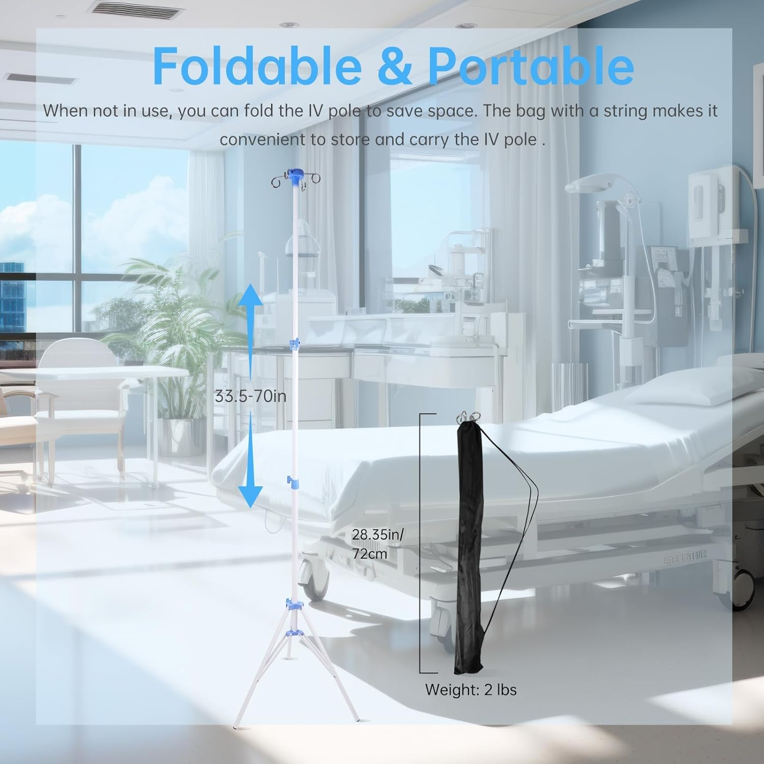 Foldable IV Pole with Portable Bag, Collapsible IV Pole Stand with 3 Nets for Drip Bag, Tripod IV Pole Stand Adjustable, 4 Hooks for Nursing Clinic Home Care Travel, Stable, White, 1 Pcs image number 1