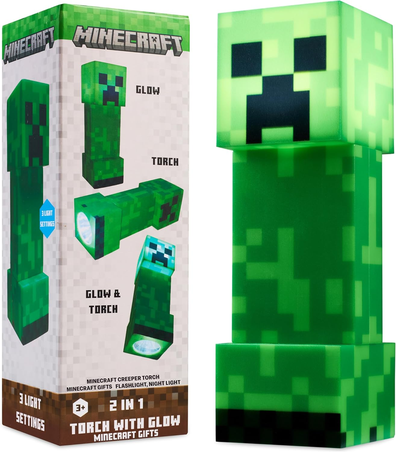 Minecraft Creeper Torch Night Light for Kids, 2-In-1 Flashlight and Lamp with USB and Battery Power, Bedroom Decor, Desk Light, Gamer Gifts for Boys image number 2