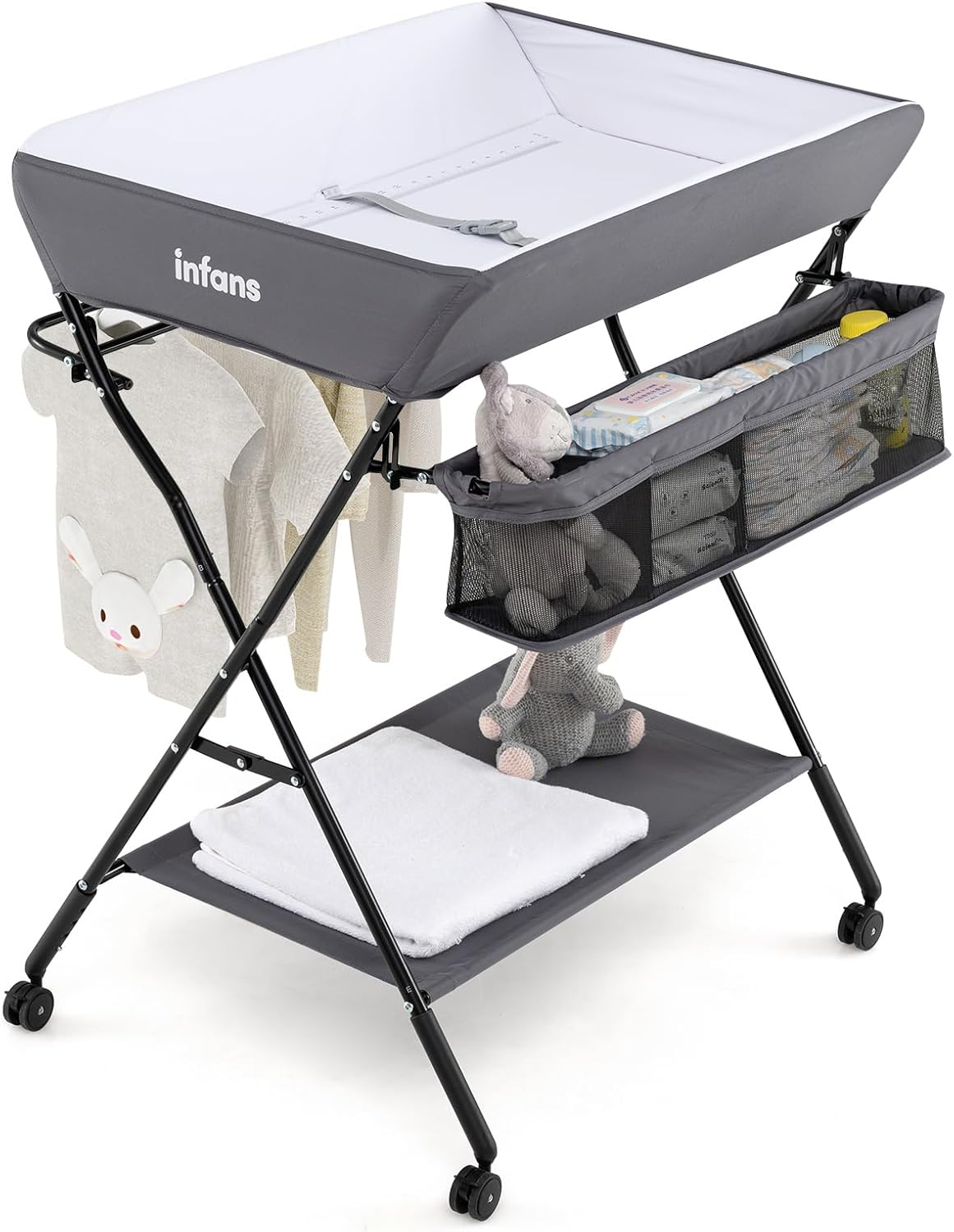 INFANS Baby Changing Table with Wheels, Portable Folding Diaper Station Nursery Organizer with Storage Basket, Hanging Rack, Adjustable Height, Safety Belt for Newborn Infant (Black)