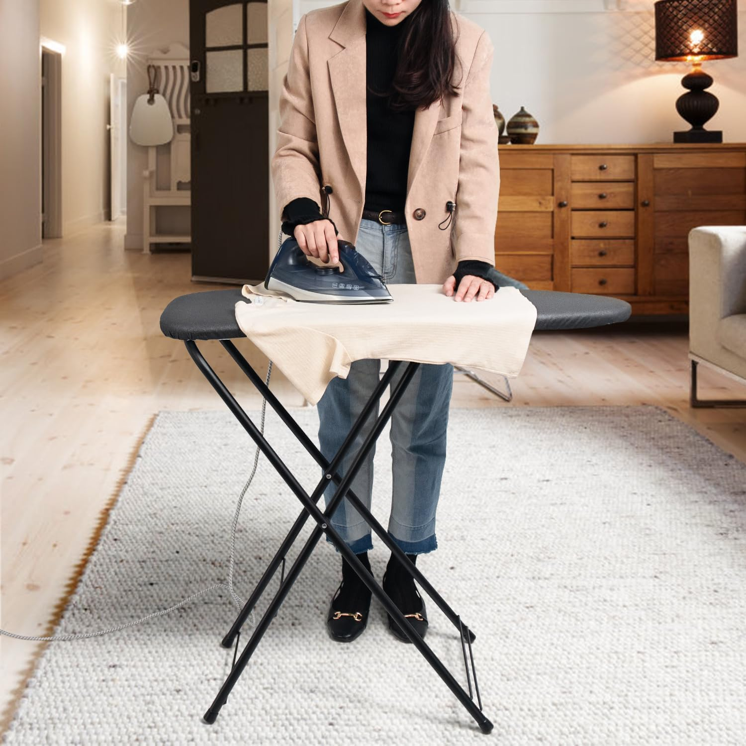 Duwee Compact Ironing Board (33 X 89 Cm) with Ample Ironing Space, Lightweight Iron Board with Anti-Gravity Hook, Easy for Storage (Black) - White image number 5