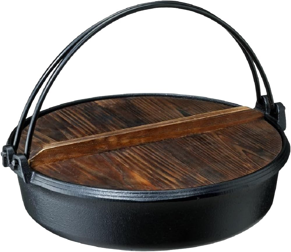 Ishigaki Sukiyaki Pot with Wooden Lid, Gas Fire, IH, Iron Casting, Approx. Width 11.4 X Depth 10.8 X Height 3.3 Inches (29 X 27.5 X 8.5 Cm), Black image number 1