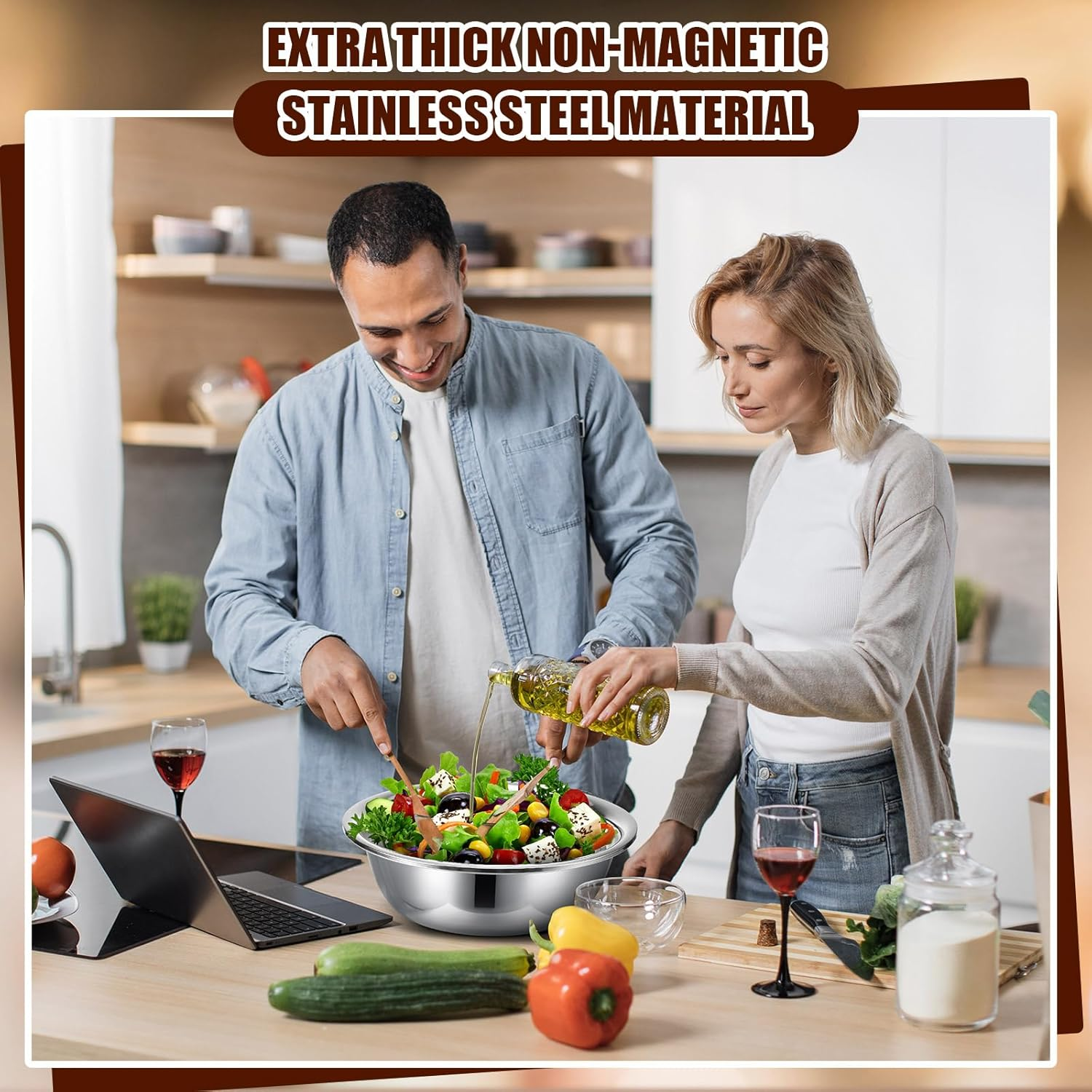 Nuogo 4 Pcs Stainless Steel Mixing Bowls Metal Mixing Bowls Extra Large Basin Salad Basin Deeper Edge Dishwasher Safe Mirror Finish for Home and Commercial, Silver (13 Inch 8 Qt) image number 6