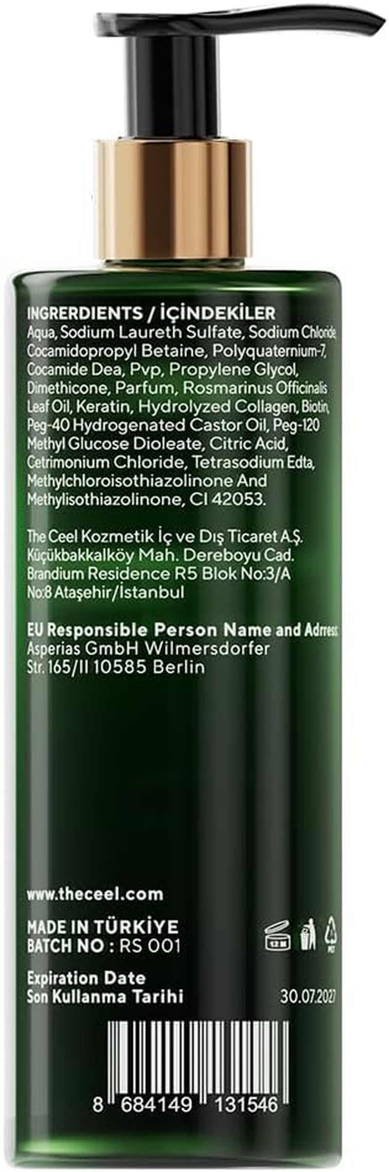The CEEL Rosemary Shampoo with Biotin, Keratin, Collagen, Anti-Hair Loss Formula, 250Ml, Dermatologically Tested, for All Hair Types image number 1