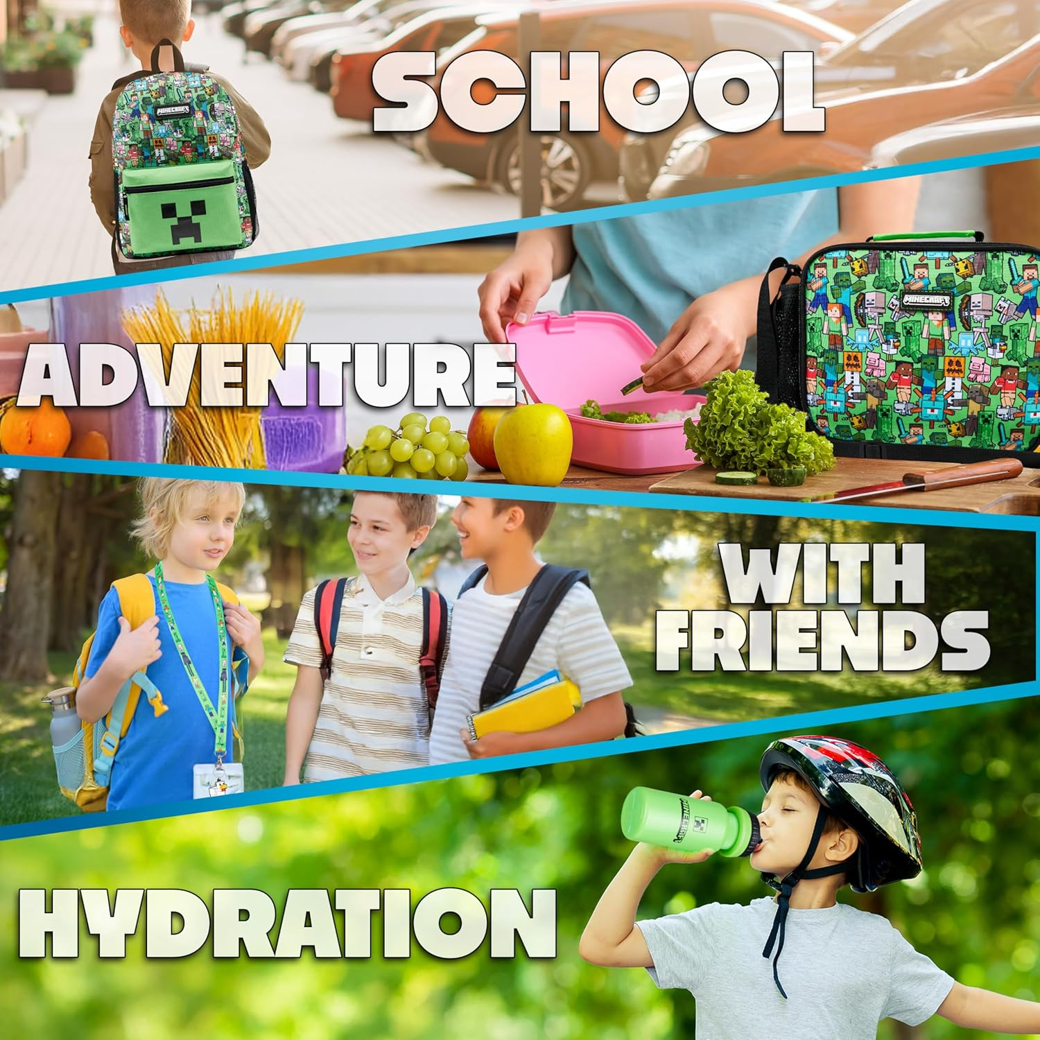 Minecraft Backpack Set 5 Pcs Water Bottle Insulated Lunch Bag Pencil Case Drawstring Bag or Lanyard Keyring School Supplies, Green AOP, Set of 5, Backpack Set 5 Pcs image number 6