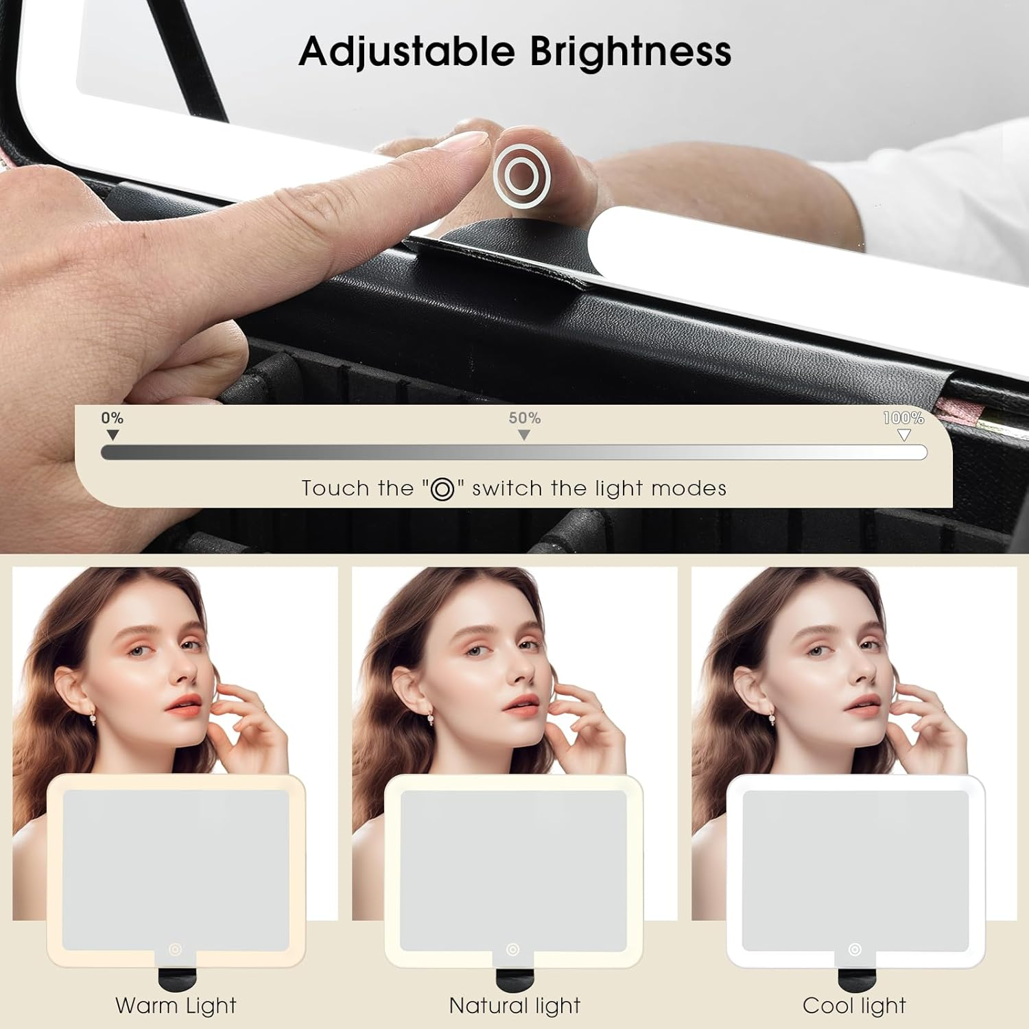 Large Makeup Case with LED Mirror Vanity Case Removable Light up Mirror PU Leather Portable Makeup Artist Carry Vanity Box with Dividers Makeup Brush Holder, White, Minimalist image number 1