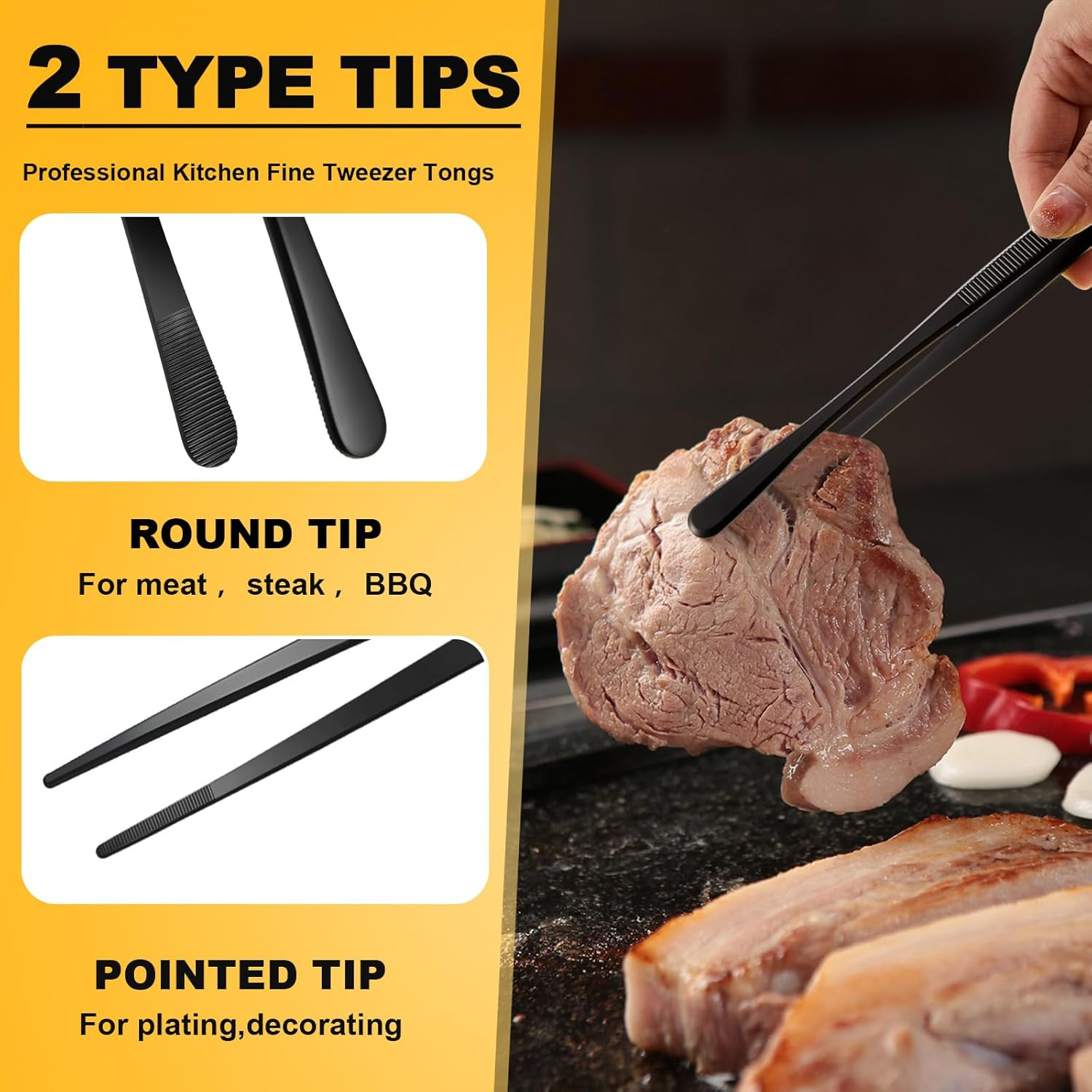 Flutesan 4 Pieces Black Kitchen Fine Tweezer Tongs 10 Inch 12 Inch Stainless Steel Tweezers Tongs with round Serrated Tips Culinary Fine Straight Tweezers Forceps for Cooking Repairing Feeding BBQ image number 6