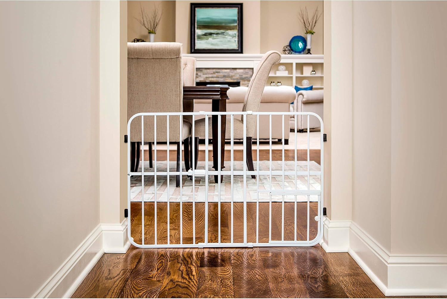 Carlson Pet Products Tuffy Metal Expandable Pet Gate, Includes Small Pet Door, 24 X 26-38 Inch, Beige, White image number 1