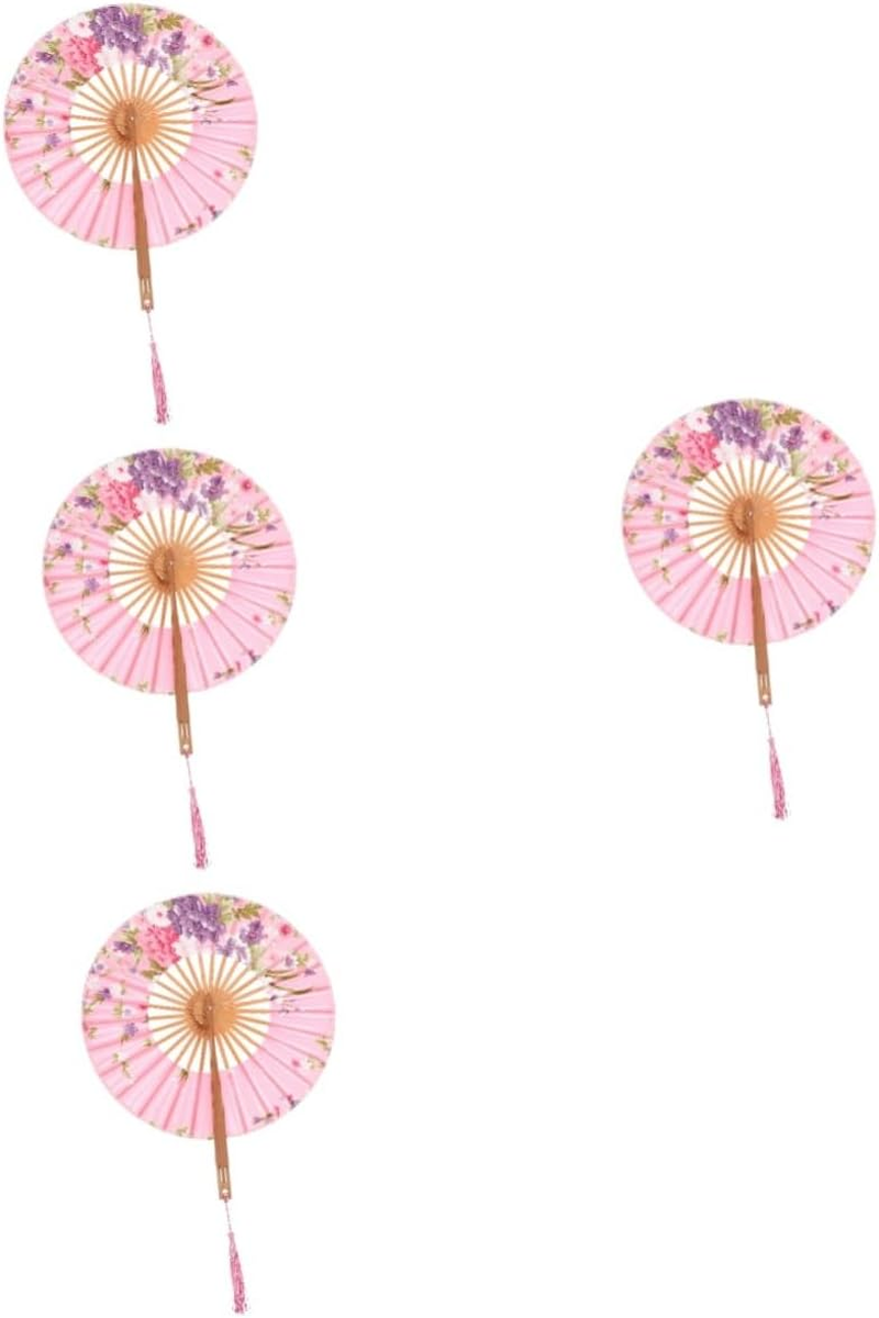 Amosfun 4Pcs Chinese Japanese round Folding Fan Handheld Vintage Bamboo Hand Fan for Women Wedding Party image number 4