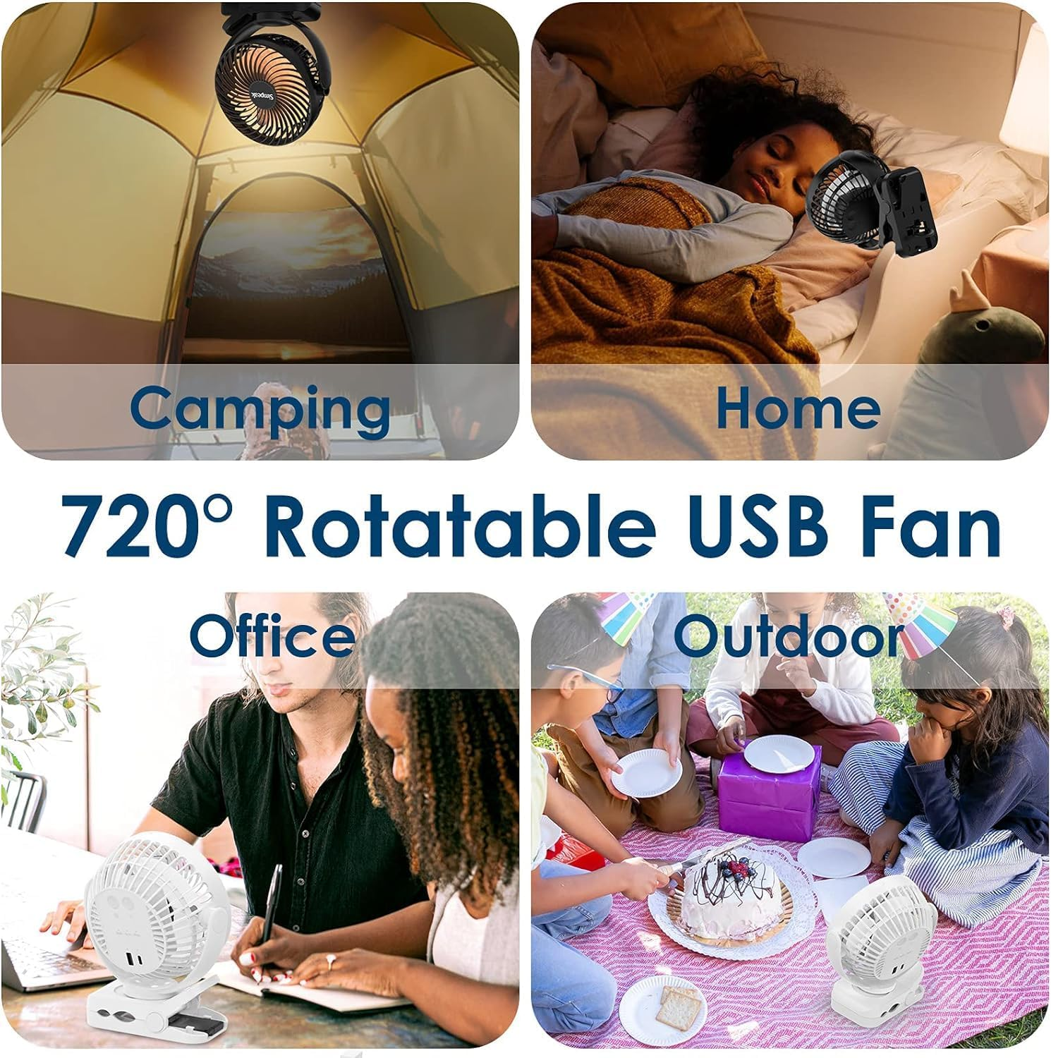 Simpeak 10000 Mah Rechargeable LED USB Fan Clip on Fan Desk Fan, Portable Personal USB Small Fan Outdoor Indoor Office Home Desk Car Camping Fan with 3 Speeds| 3 LED Light Modes| 720&deg; Rotation image number 1
