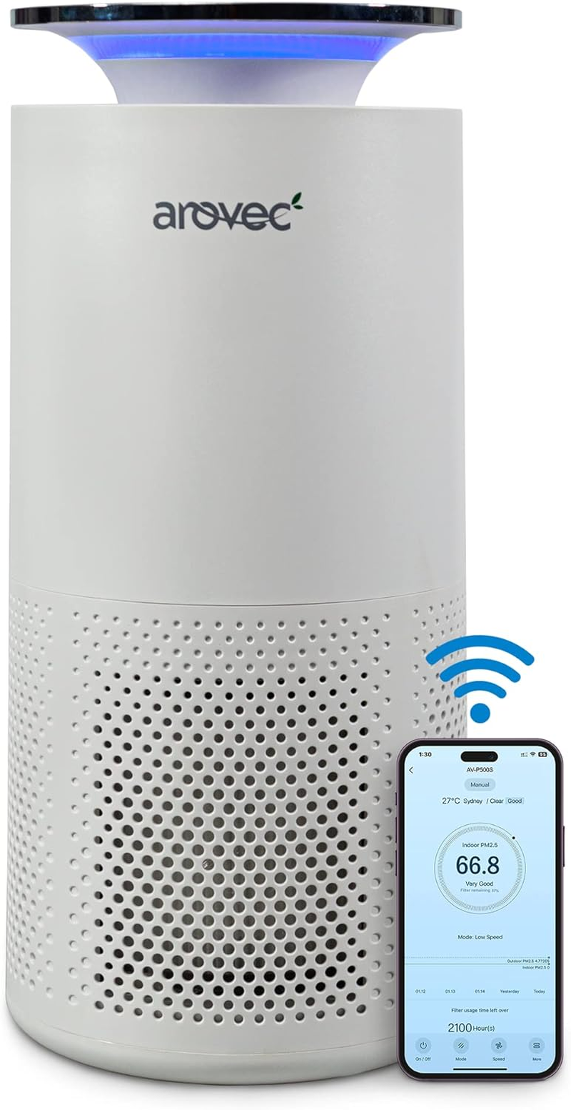 AROVEC Air Purifier Smart True HEPA Filter, Air Cleaner for Allergies, Pets, Pollen, Dust, Odour Eliminators for Bedroom, Smart Air Quality Sensor, 2-Yr Warranty, AV-P300, Black. image number 6