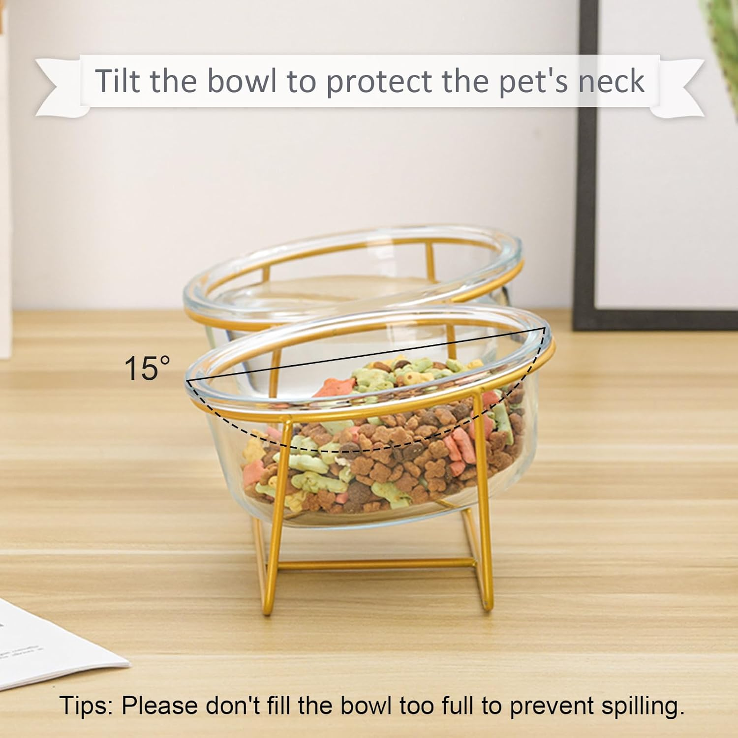 Small Double Elevated Dog Bowls - Raised Dog Bowl - Glass Dog Cat Bowl Set for Food and Water - Pet Comfort Feeding Bowls with Gold Iron Stand image number 2
