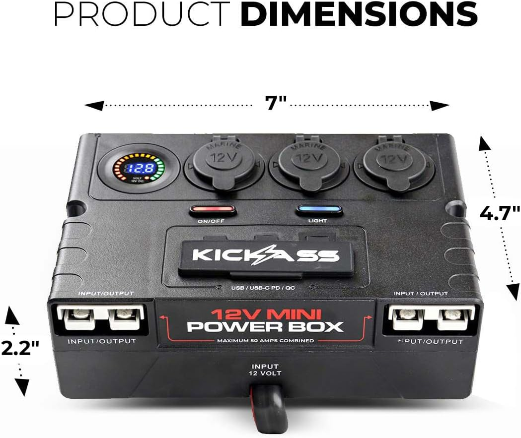 Kickass 12V/DC Mini Power Box - DC Distribution Box- Anderson Input - Solar - Travel Friendly Charge 11 Devices - 6 USB Ports for Ultimate Charging - Built in LED Light - LED Volt Meter - Dust Cover image number 4