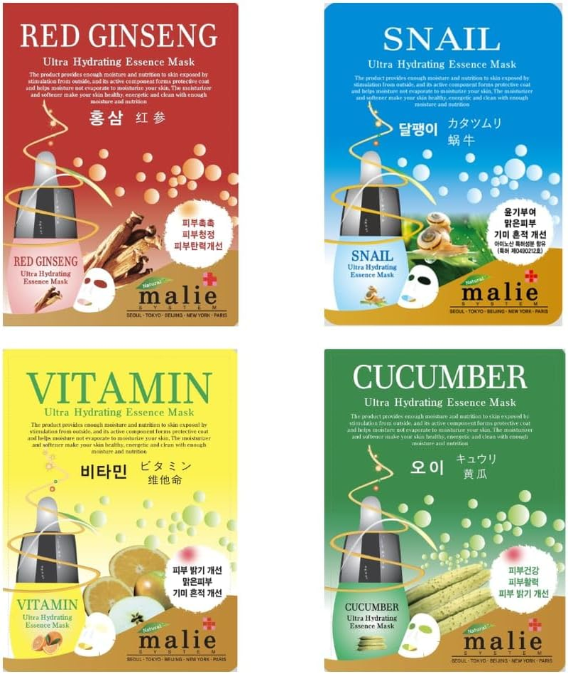 [PACK of 12] Malie Ultra Hydrating Essence Mask Korean Face Glow Skincare Facial Sheet Mask Aloe Collagen Coenzyme Q10 Cucumber Green Tea Pearl Pomegranate Red Ginseng Royal Jelly Seaweed Snail Vitamin image number 3