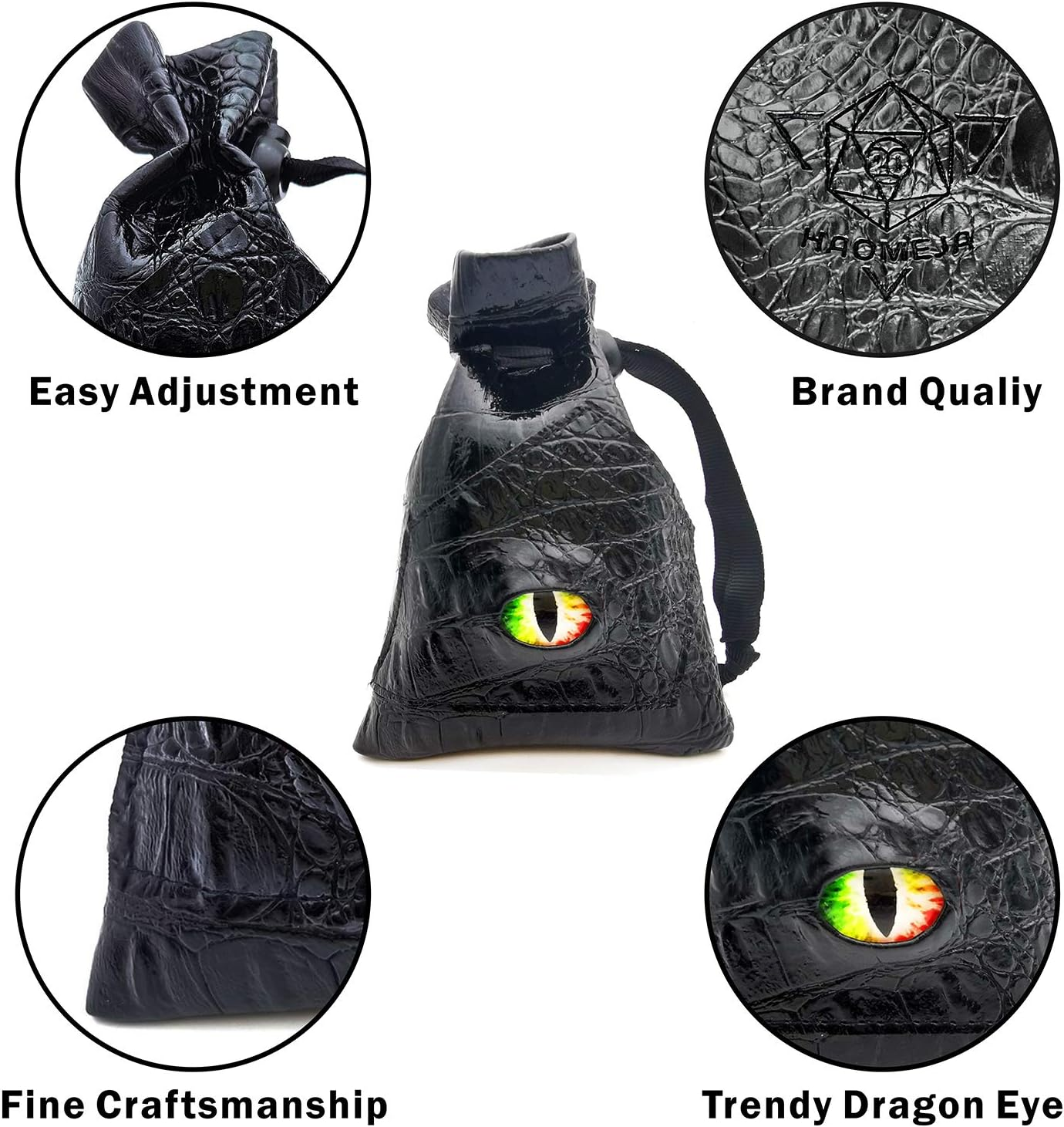 HAOMEJA DND Stuff Role Playing Dice Bag Drawstring Leather DND Dice Bag, Storage Bag Black Green Eye image number 1
