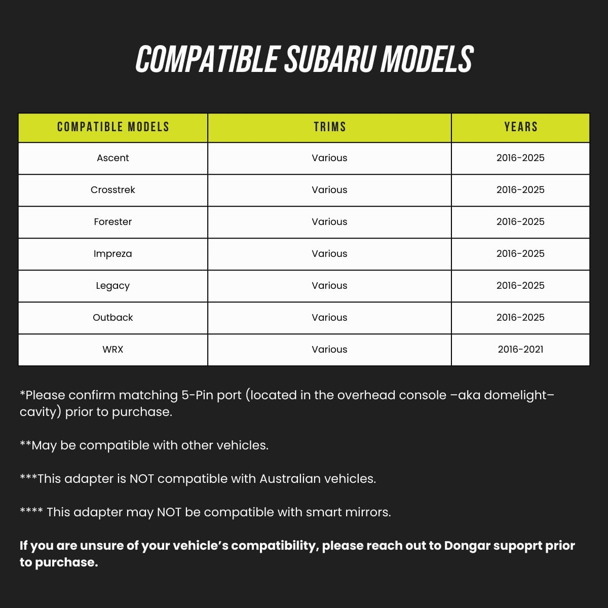 Dongar Dashcam Power Adapter (5-Pin Type E) for Select Subaru Vehicles image number 3