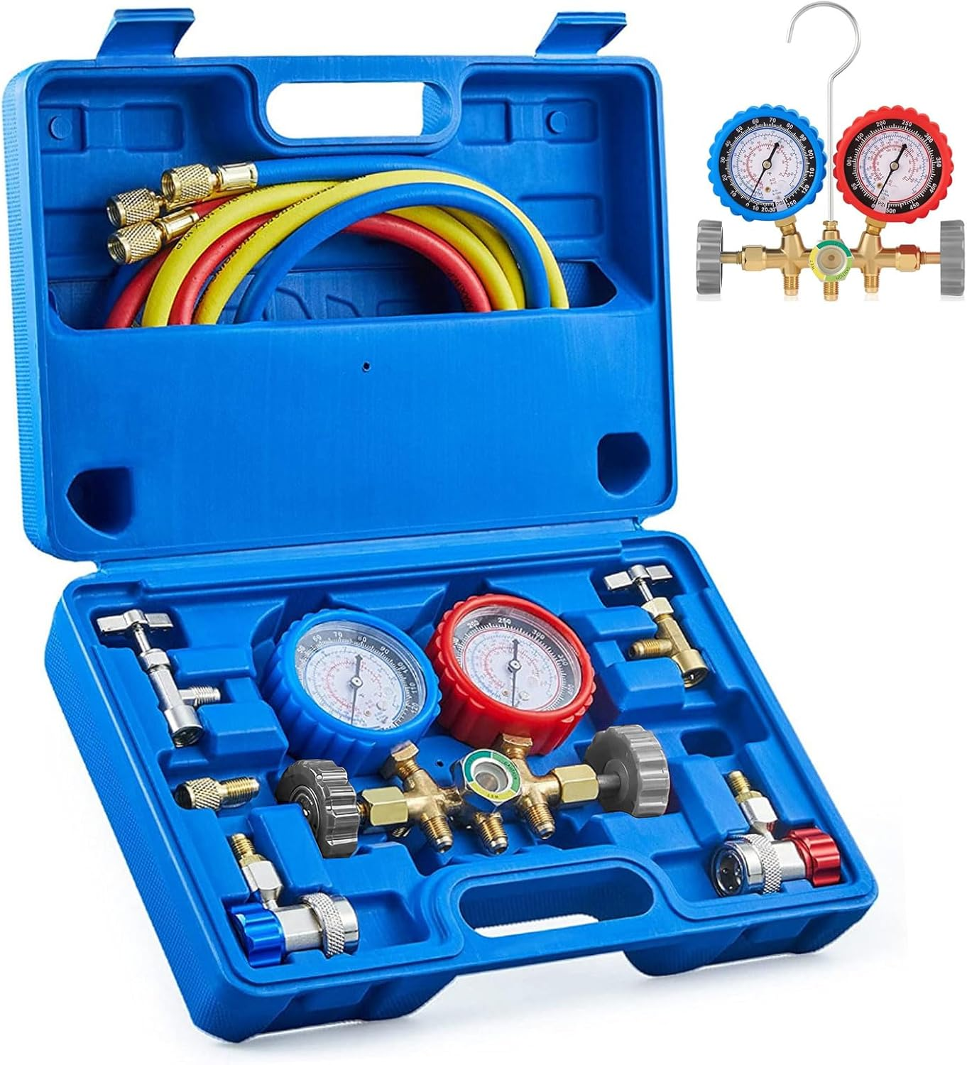 AC Manifold Gauge Set for R134A R12 R22 R502, 3 Way Refrigerant Diagnostic Kit with 1.2M Hose, Quick Couplers, Puncturing Can Tap, 1/4" to 1/2" Adapter for Car and Home HVAC Recharge and Maintenance image number 2
