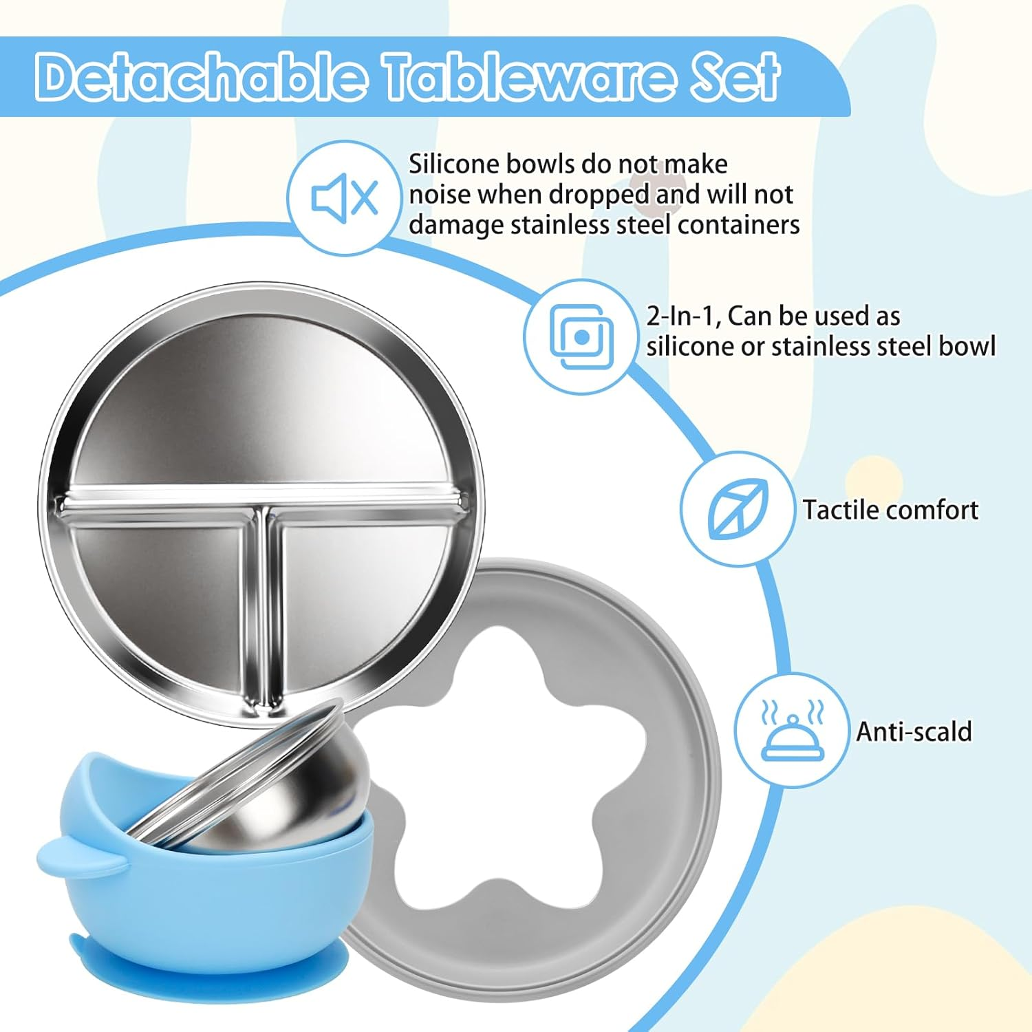 Baby Stainless Steel Feeding Set &ndash; 2 Star-Shaped Plates + 2 Bowls with Removable Silicone Sleeves | 100% Food-Grade 304 Steel | Dishwasher-Safe Tableware (Blue & Grey Plates, Blue & Green Bowls) image number 2