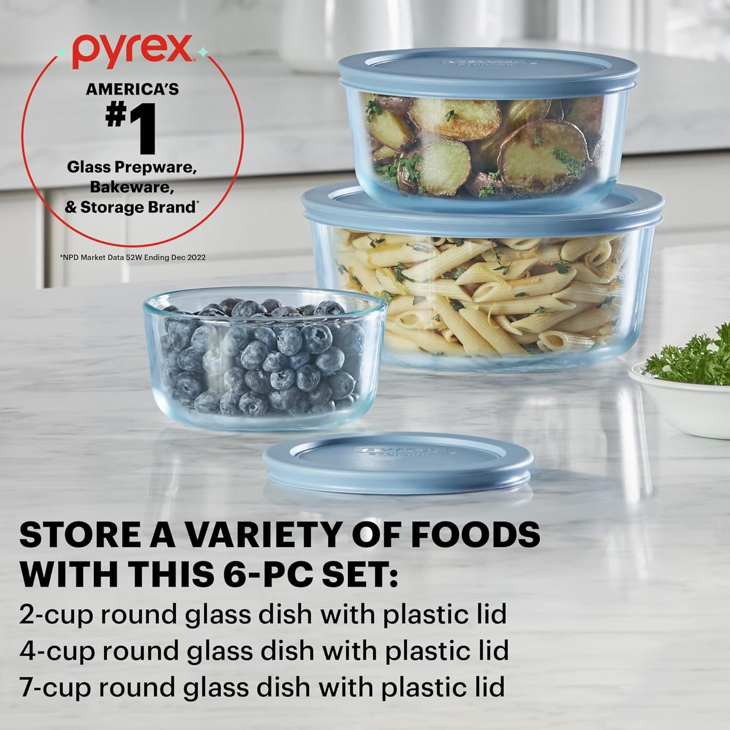 Pyrex Tinted Medium round Food Storage Container Set (6-PC) - Small/Medium Sizes with Snug Fit Non-Toxic Plastic Bpa-Free Lids - Freezer, Dishwasher, Microwave Safe - 2, 4 & 7 Cup Capacity image number 6
