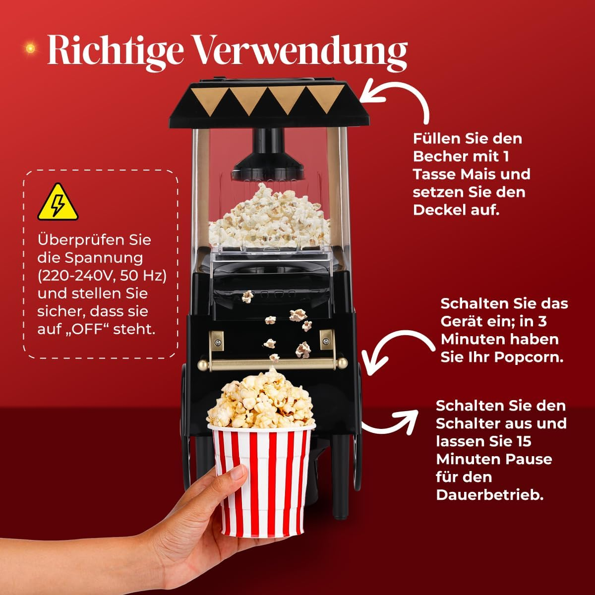 NK Popcorn Machine Retro Electric Popcorn Machine 1200W Easy to Use Button Preparation in 2 Minutes Hot Air 0.3L Portable Ideal for Home Black