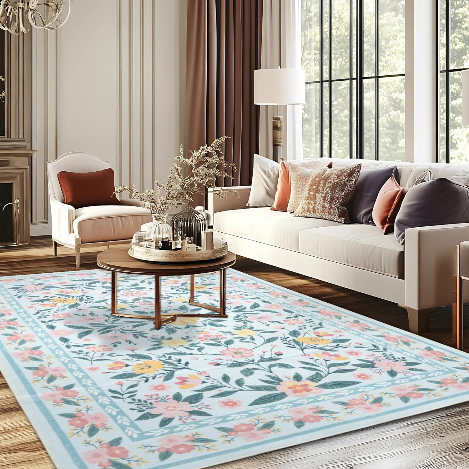 MOSISO 4X6 Area Rug for Living Room, Soft Non Slip Vintage Flowers Low Pile Carpet, Faux Wool Rectangular Washable Area Rugs Carpet for Living Room Bedroom Dining Room Home, Blue image number 6
