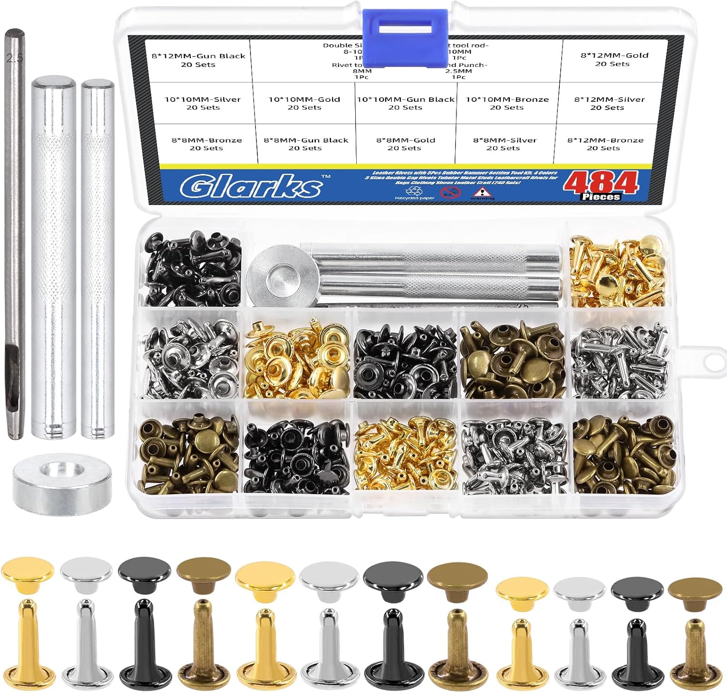 Glarks 600 Sets Leather Rivets with 3Pcs Setting Tool Kit, 4 Colors 3 Sizes Double Cap Rivets Tubular Metal Studs Leathercraft Rivets for Bags Clothing Shoes Leather Craft