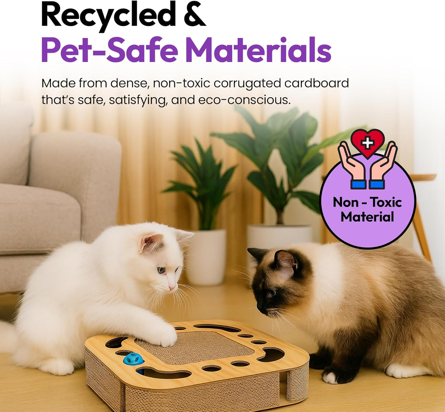 2-In-1 Cardboard Cat Scratcher with Jingle Ball &ndash; Cat Lounge Scratch Pad & Interactive Toy, Anxiety & Stress Relief (Square) image number 1