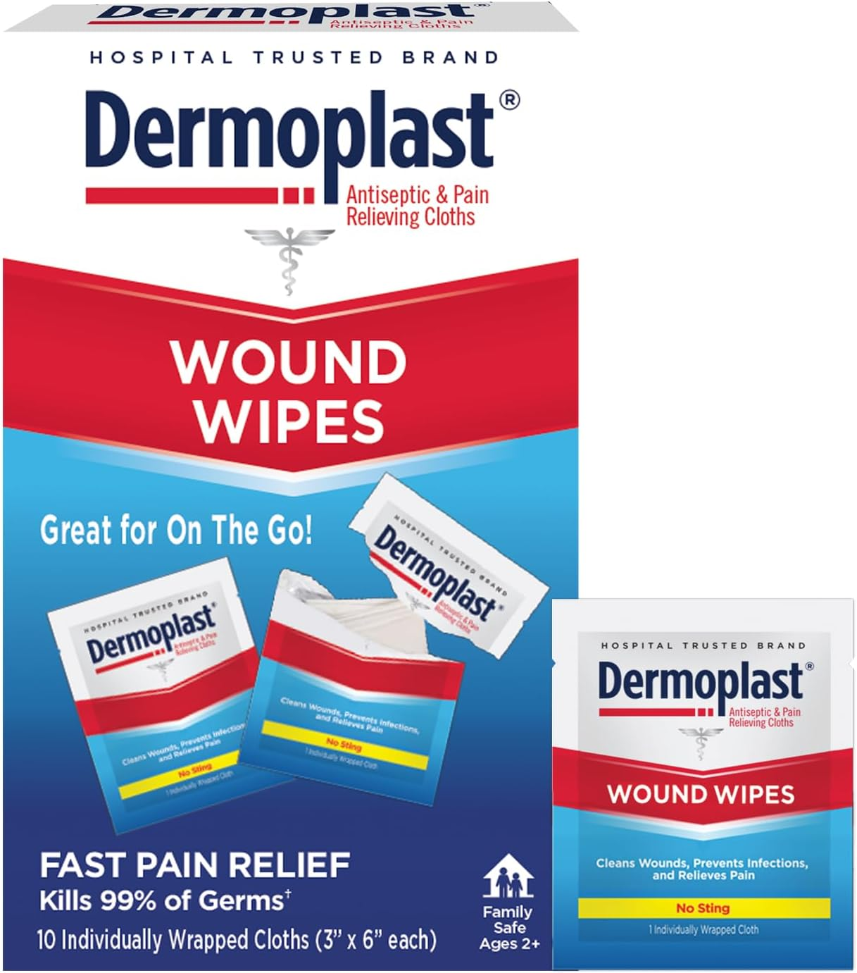 Dermoplast 3-In-1 Medicated First Aid Cloths, Analgesic & Antiseptic Wipes for Treating Minor Cuts, Scrapes and Burns on the Go, Sting Free Formula, 10 Individually Wrapped Cloths (Packaging May Vary) image number 6
