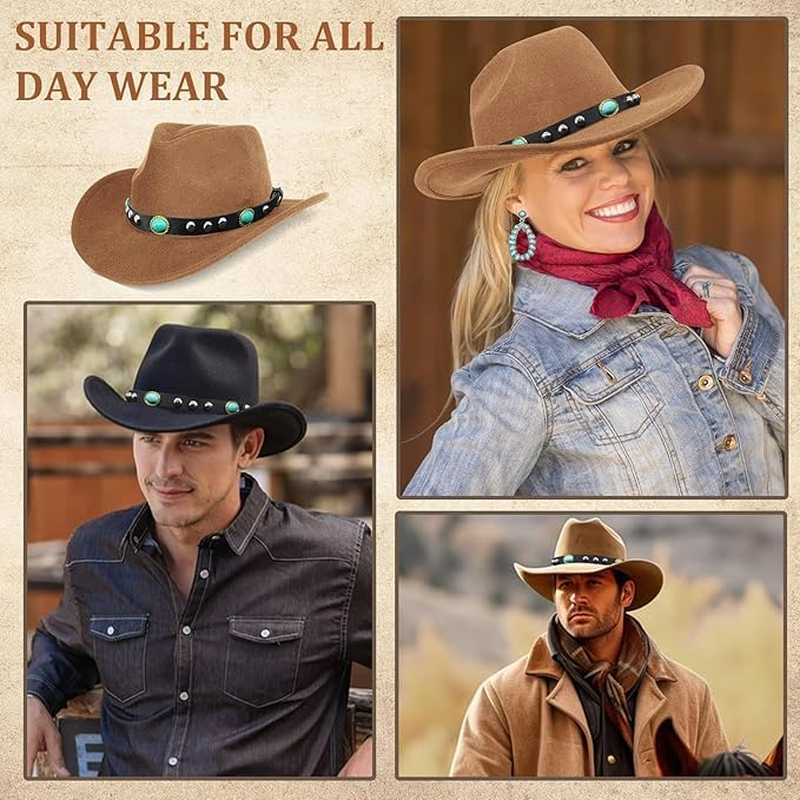 5Pcs Cowboy Hat Accessories for Women, Western Cowgirl Costume Set with Wide Brim Cow Boy Hat Turquoise Necklace Earrings Rings 70S Boho Hippy Fancy Dress for Adult Cosplay Carnival Halloween image number 5