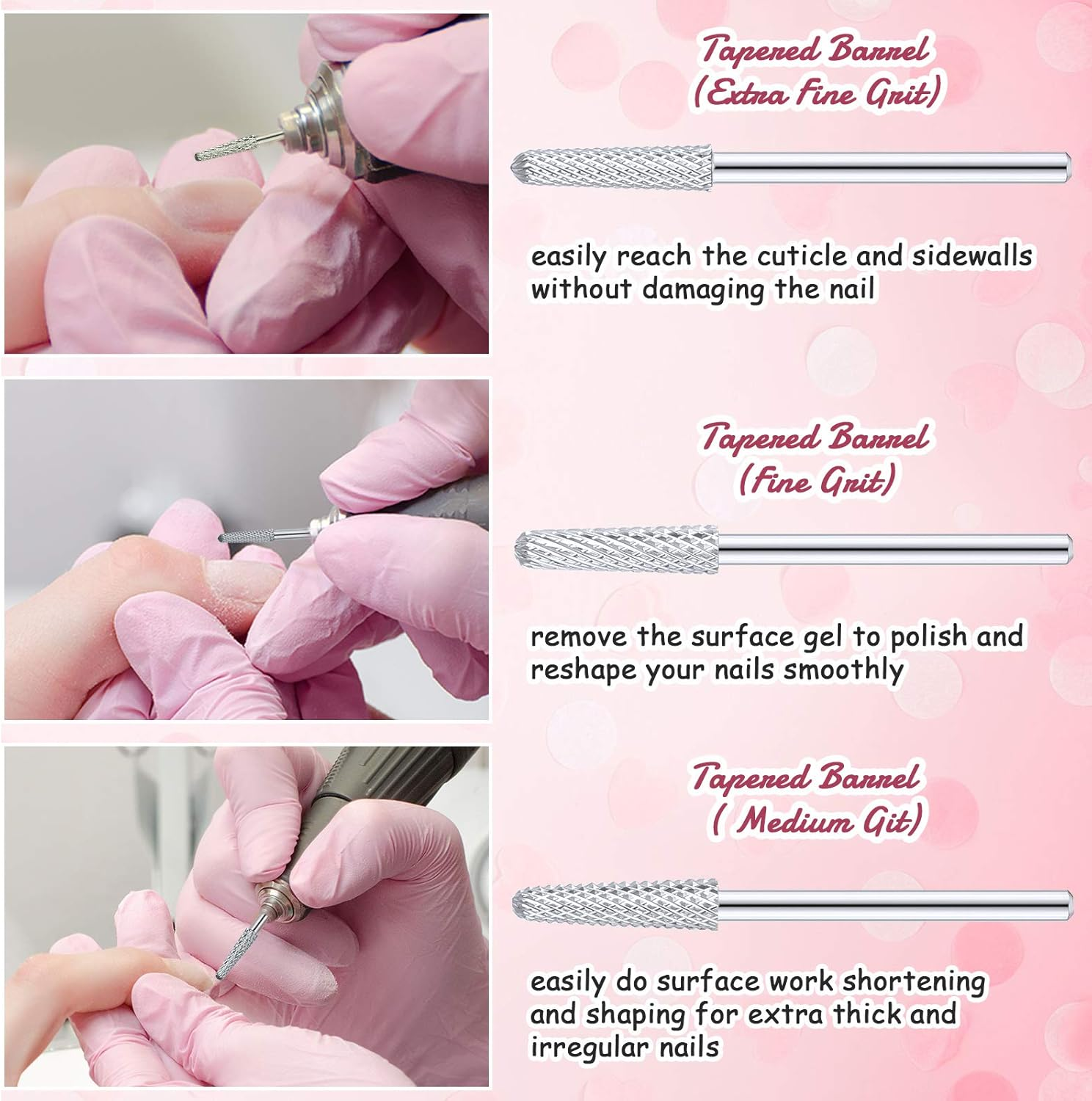 3 Pieces Nail Drill Bits Cone Shape Carbide Bit Carbide Nail Drill Bits for Manicure Pedicure Tools Machine, 3/32 Inch Shank Size, Grit Size XF, F, M (Silver) image number 1