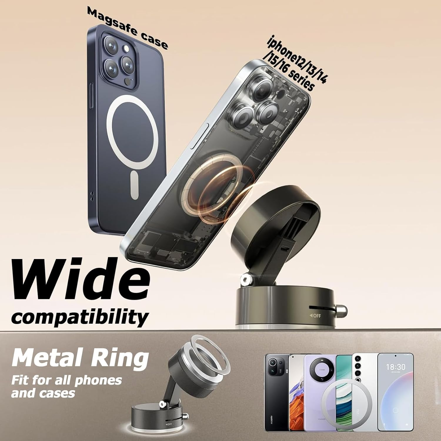 Vacuum Magnetic Phone Holder, 2025 New Foldable & Retractable Car Mount, 360&deg; Adjustable Suction Cup Stand for Iphone 16/15/14/13/12 & Suction Phones, Idea for Car/Mirror/Gym/Smooth Surfaces (Black) image number 1