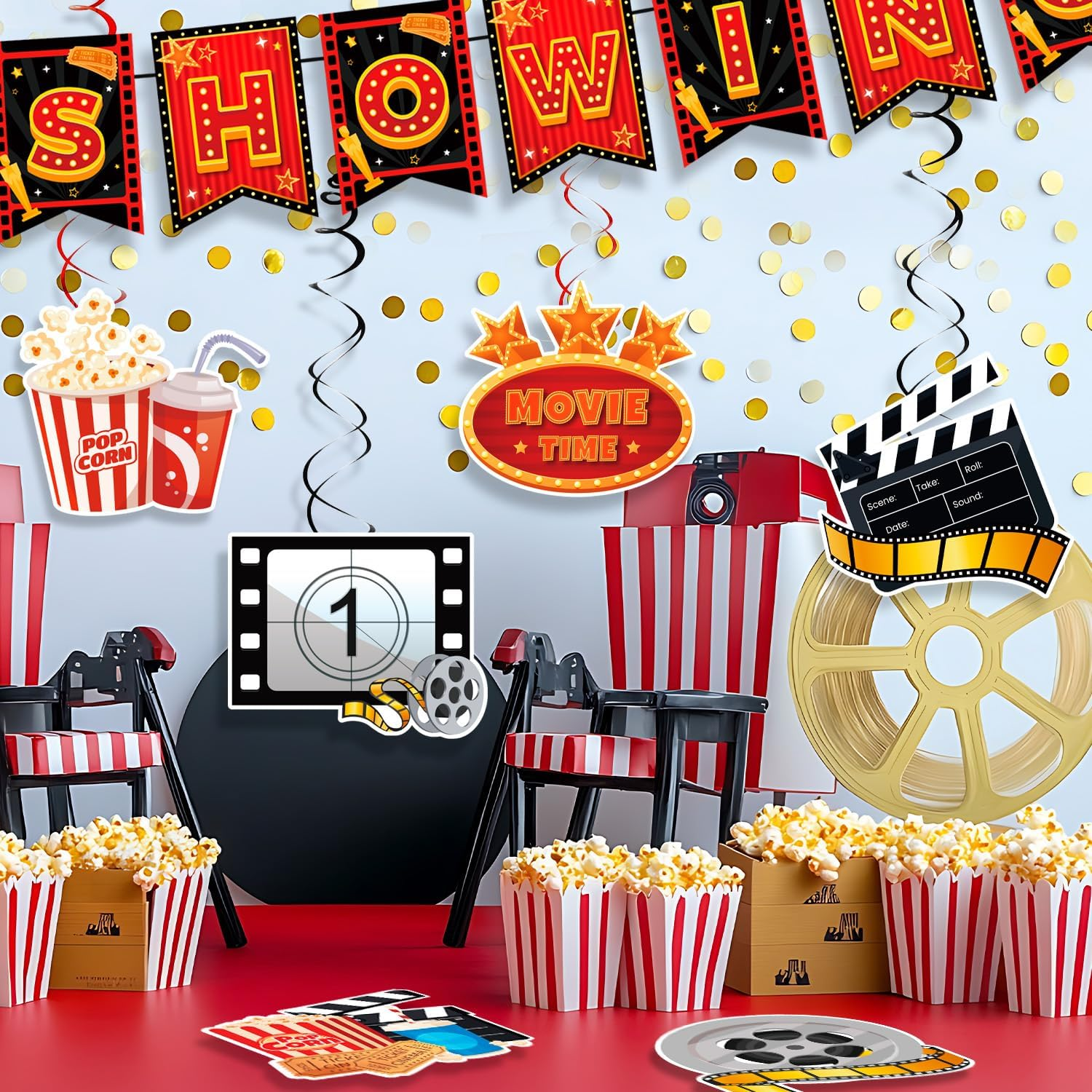Movie Night Party Swirl Banner, 8Pcs Movie Night Birthday Party Decorations Set -Hanging Swirl & Now Showing Banner for Theme Decorations image number 2