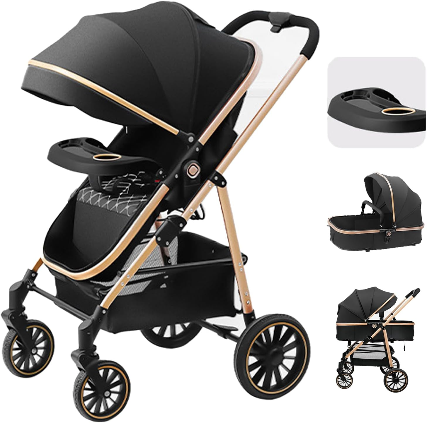 Xcjump Baby Stroller 3 in 1, High Landscape Travel Pram, Lightweight One-Hand Fold, Convertible Reversible Seat, Shock-Absorbing PU Wheels, Adjustable Canopy,Compact & Portable for Newborns & Toddlers image number 5