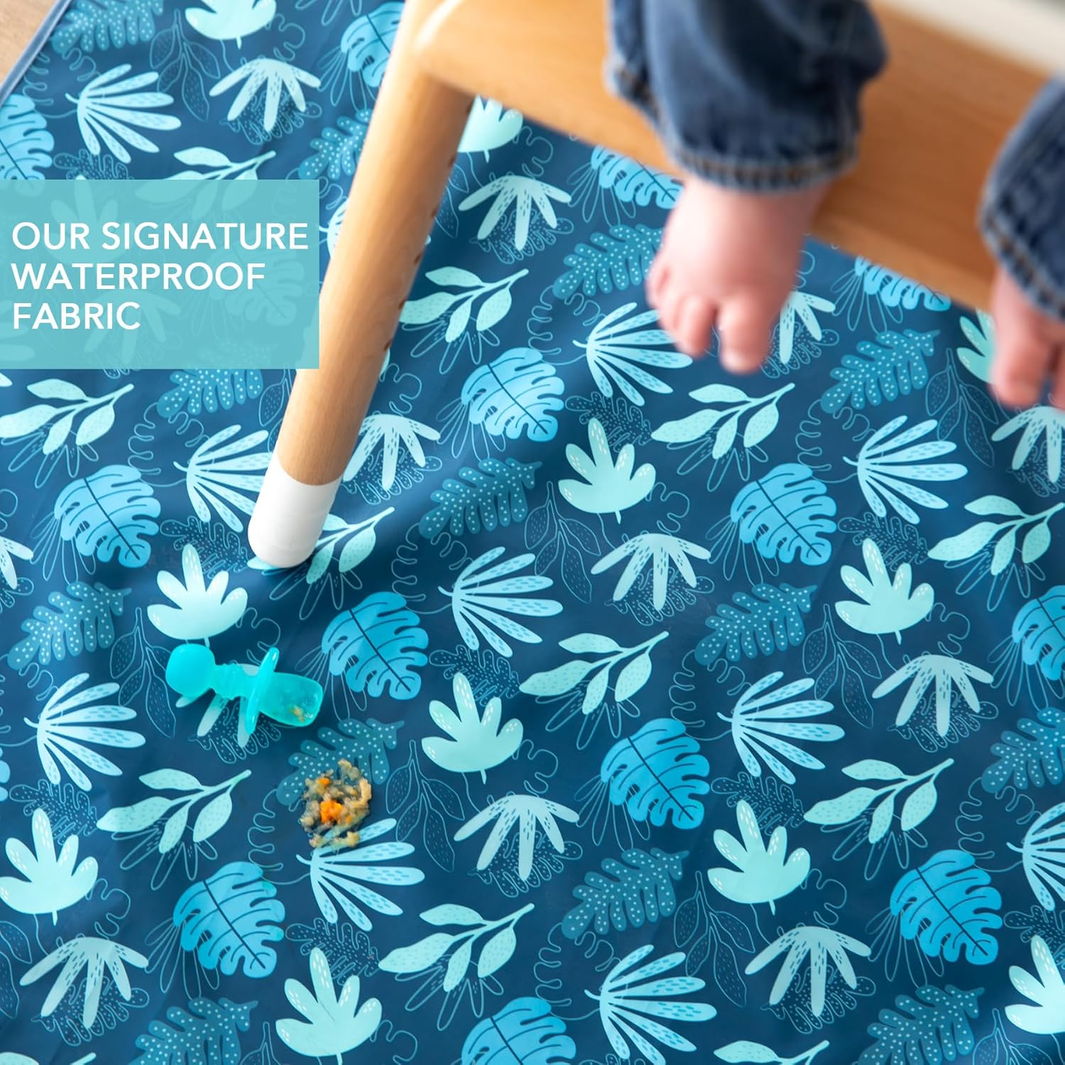 Bumkins Baby Splat Mat for under High Chair, Babies Toddlers Eating Mess Mat, Waterproof Reusable Cloth for Arts and Crafts, Playtime Mat for Kids, Floors or Tables, Fabric 42Inx42In, Blue Tropic image number 2