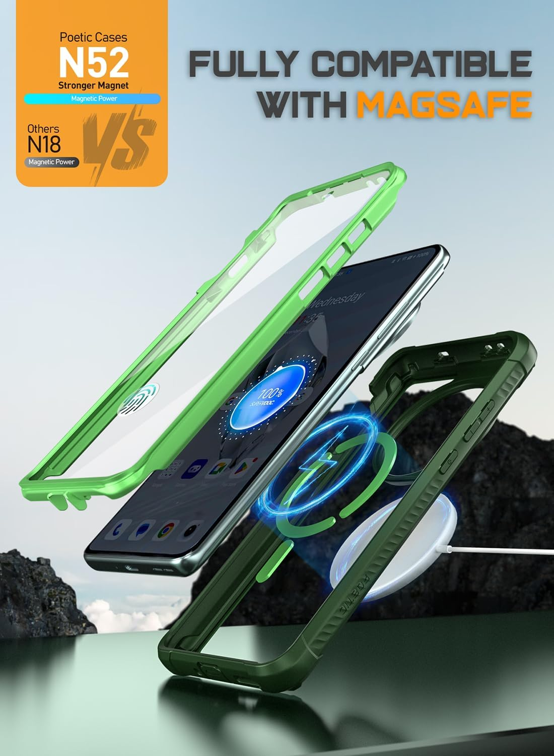 Poetic Guardian Case for Oneplus 12 5G (2024), Built-In Screen Protector [Work with Fingerprint ID], [2 Front Frame] [Wireless Charge] Full Body Shockproof Rugged Clear Cover Case, Green/Clear - Black image number 4