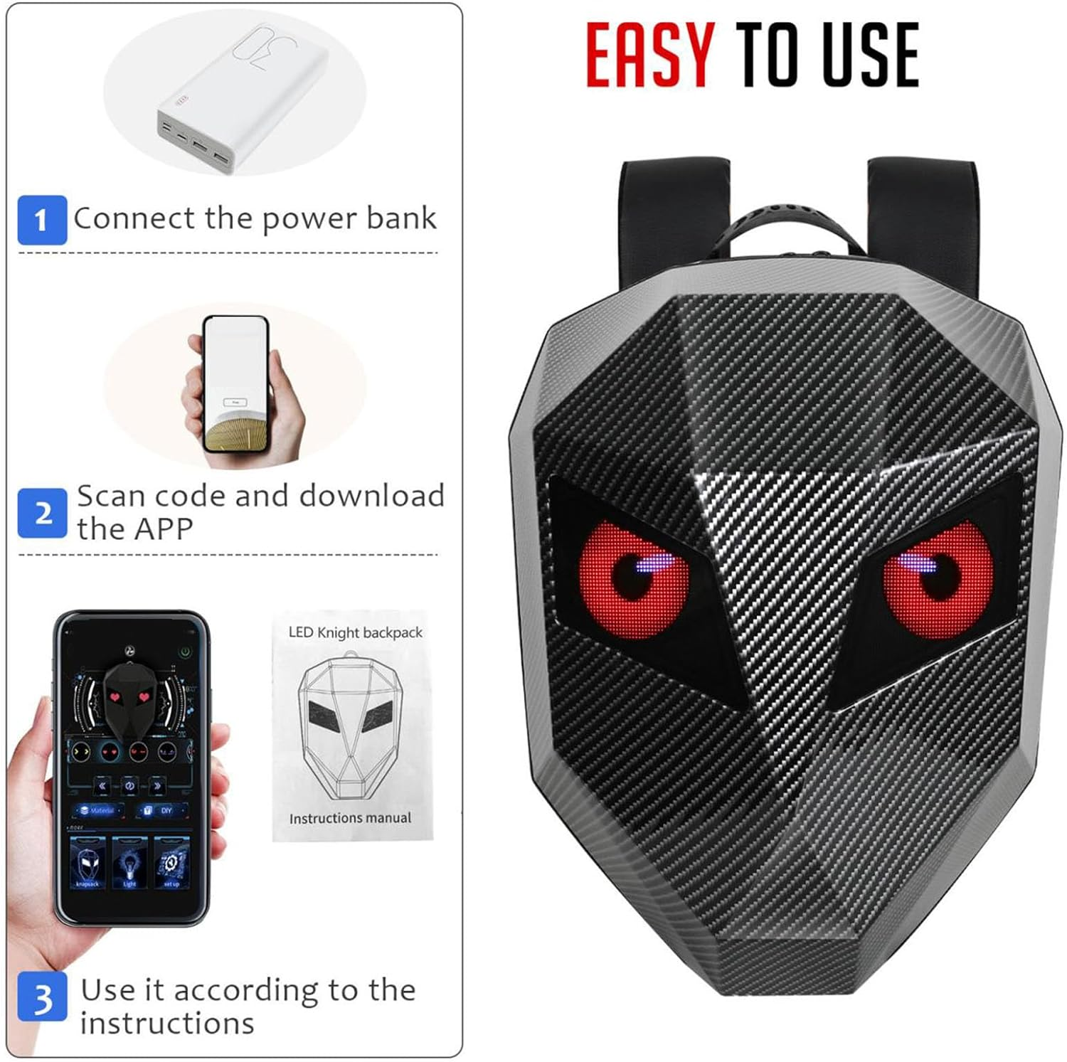 LED Knight Backpack, Large Capacity LED Backpack with Programmable Screen, Waterproof Motorcycle Backpack Hard Shell Laptop Backpack Motorcycle Riding Backpack for Travelling image number 1