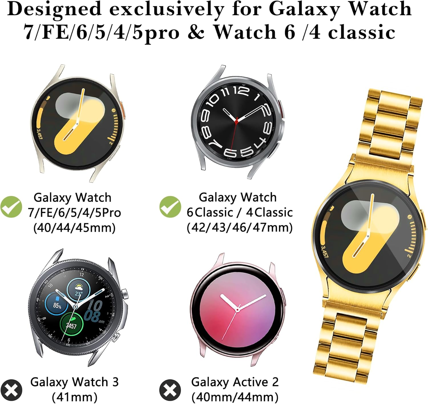 Ocaer Compatible with Samsung Galaxy Watch 7/FE/6/5/4 Band 40Mm 44Mm, 6 Classic/4 Classic 43Mm 47Mm/42Mm 46Mm, 5 Pro 45Mm, Metal Solid Stainless Steels 20Mm Galaxy Watch Strap for Men Women(Gold) image number 1