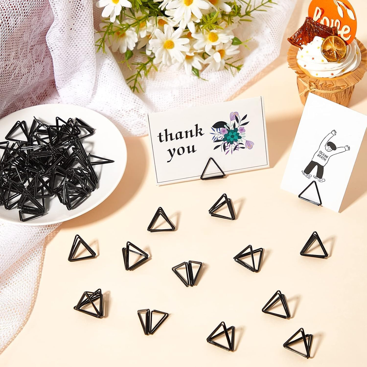 60 Pieces Place Card Holder Wedding Table Number Holder Triangle Shape Table Card Holder Photo Picture Holder Stand Clip for Wedding Party Baby Shower, Suitable for Small Card(Black) image number 2