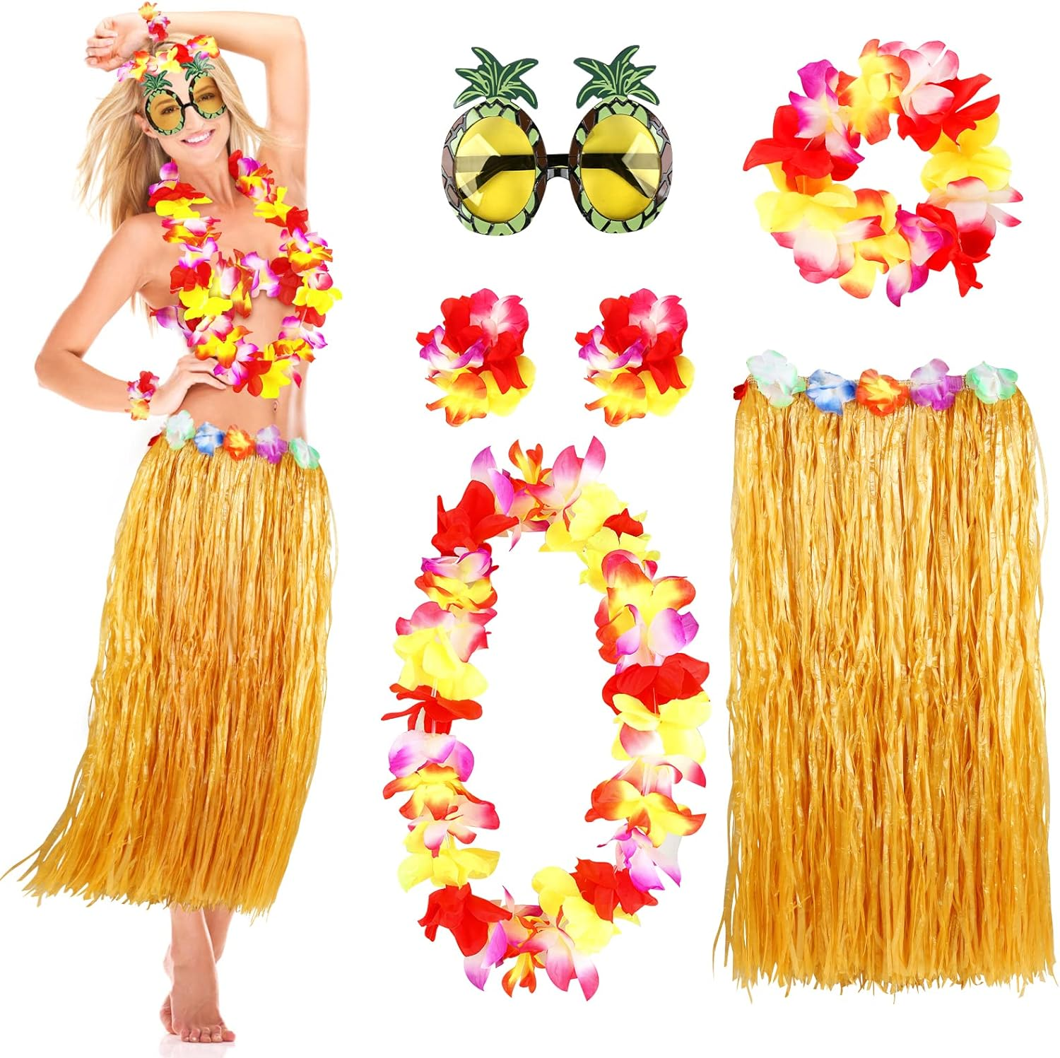 Grass Skirt for Adults, Women Hula Skirt for Hawaiian Luau Party Outfits with Flower Leis and Sunglasses