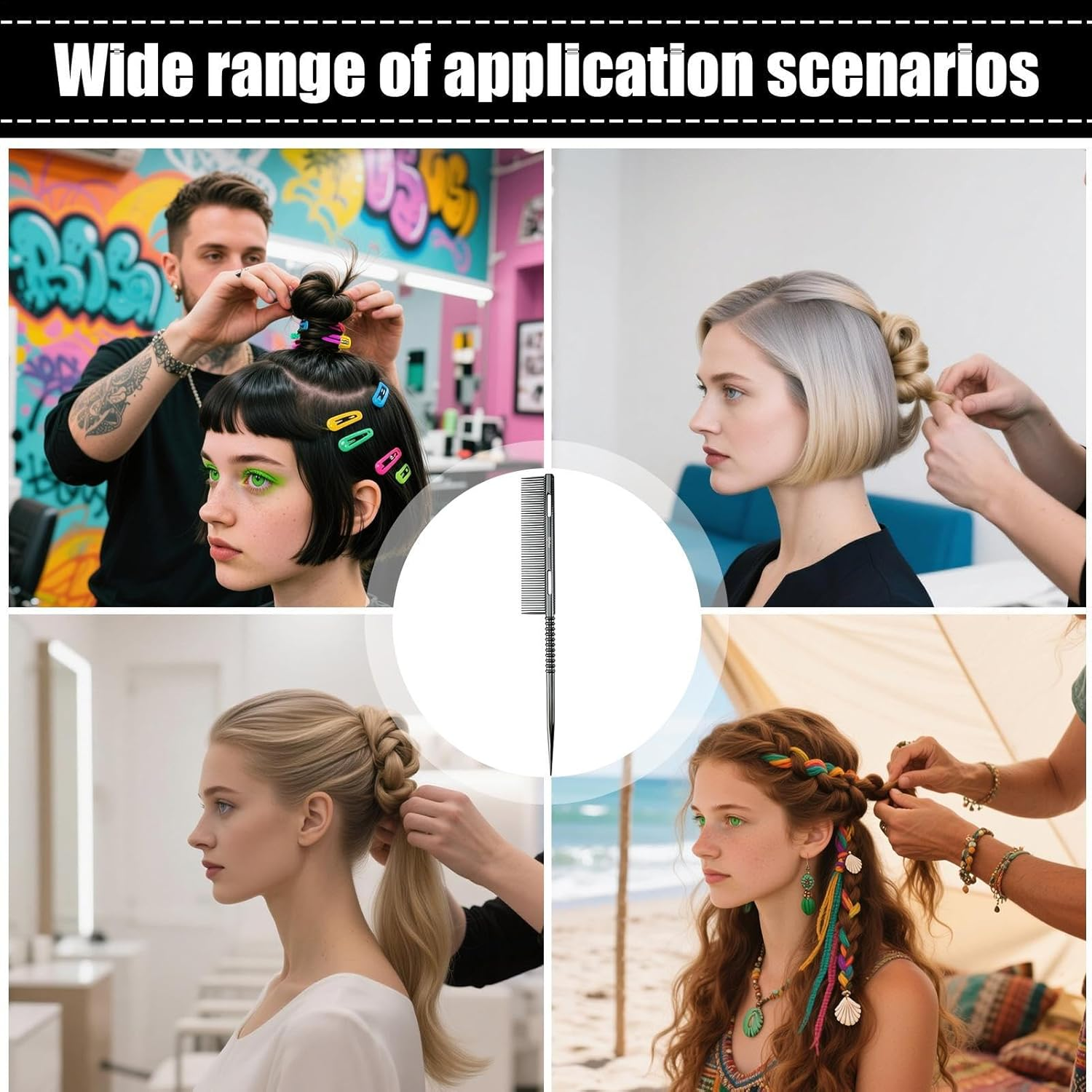 Tail Comb - Metal Parting Tooth Tail Hair Brush,Ergonomic Detangling Styling Comb for Daughter Wife Girlfriend - Black image number 6