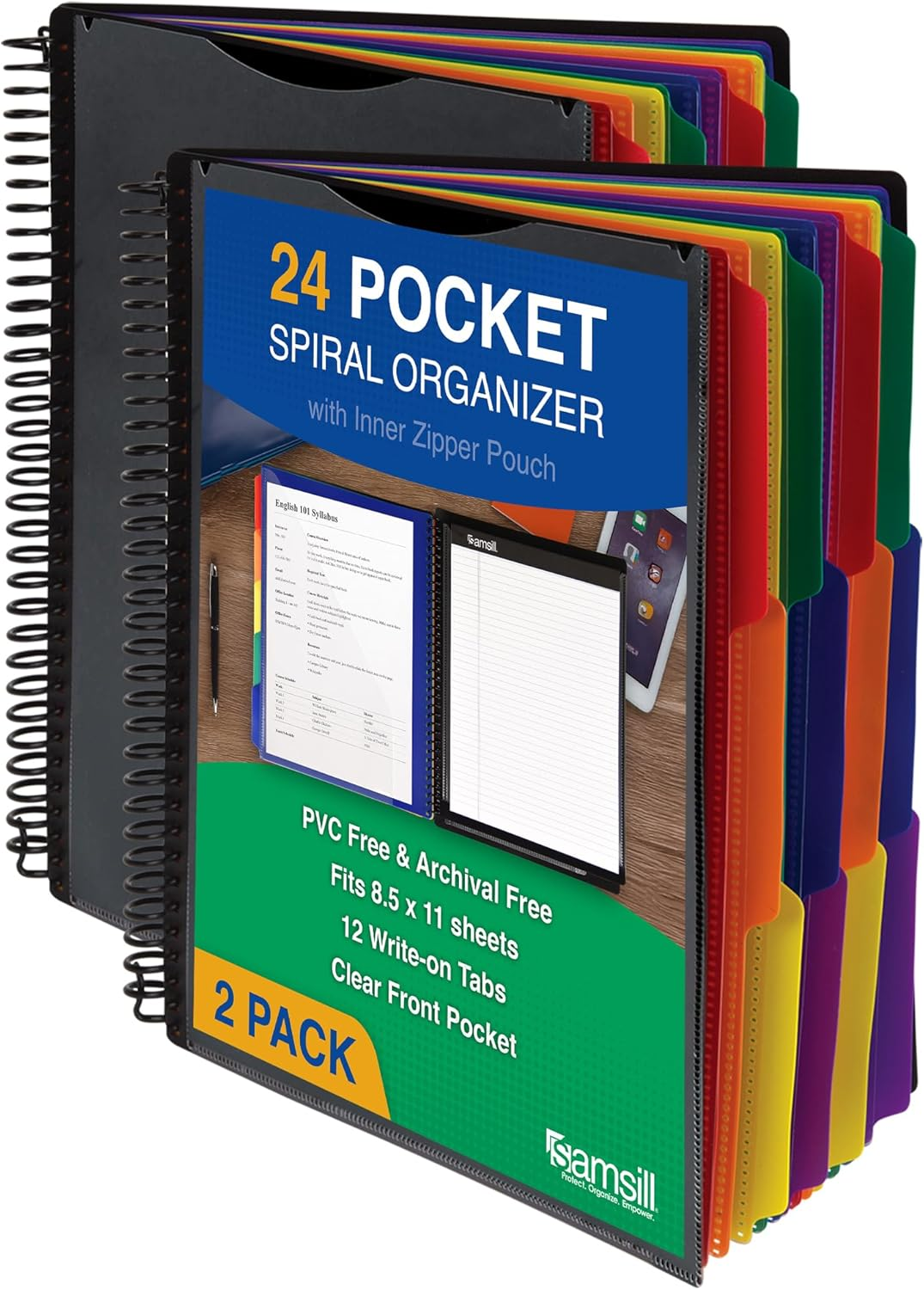 Samsill Deluxe 24 Pocket Spiral Project Organizer with Inner Zipper Pouch, Customizable Front Cover, 12 Dividers with Erasable Write-On Tabs in Fashion Colors, Plastic Folders with Pockets