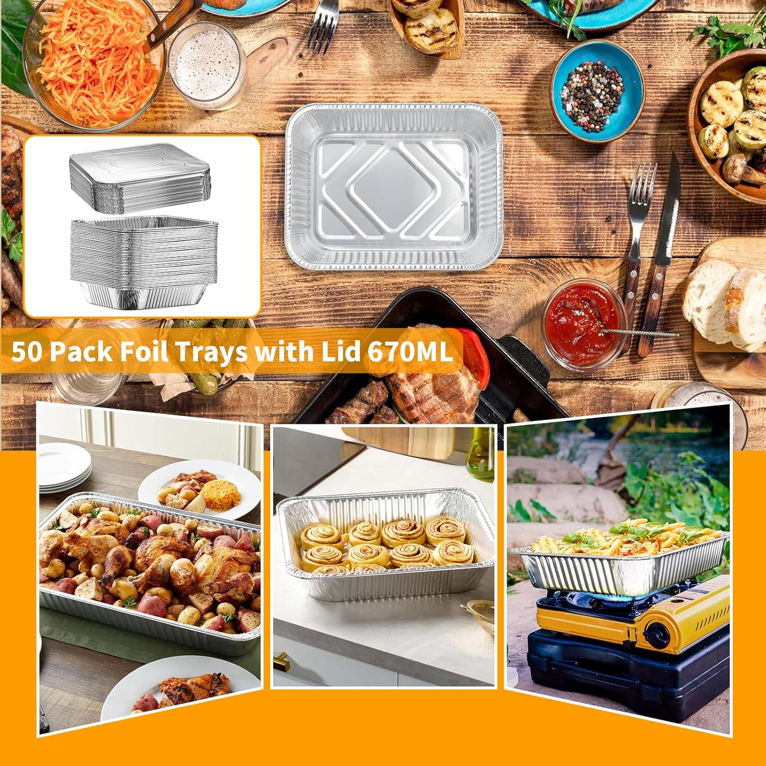 50 Pack Foil Trays with Lid 670ML/EA, 20X11X5.5Cm Aluminum Foil Pan Large Capacity Foil Food Containers Tin Foil Takeaway Box BBQ Oven Baking Pan for Cooking Heating Storing Meal Prep Freezer (670ML) image number 1