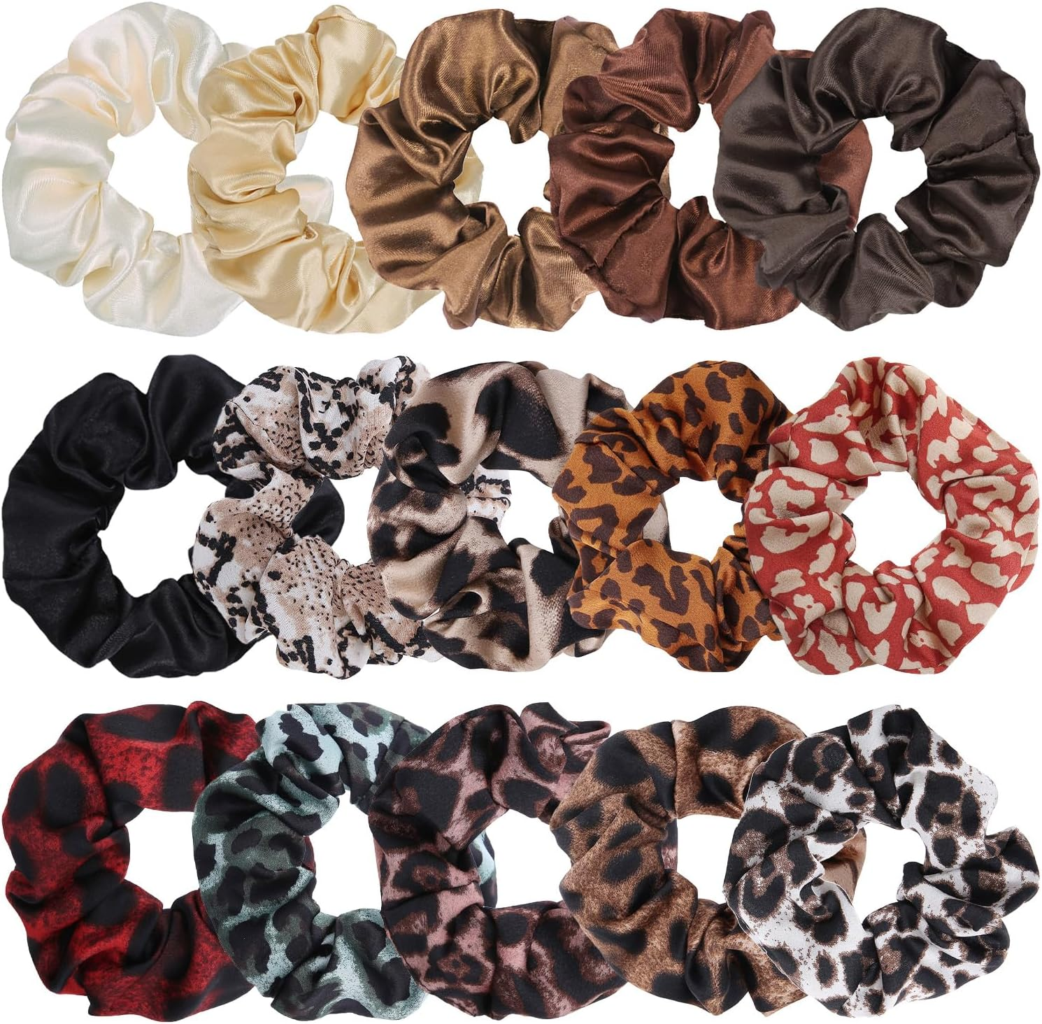 SYEYCW 15 Pieces Hair Ties for Women Soft Thick Elastic Satin Leopard Print Solid Color Ponytail Holder Hair Ties Hair Accessories for Girls and Women image number 1