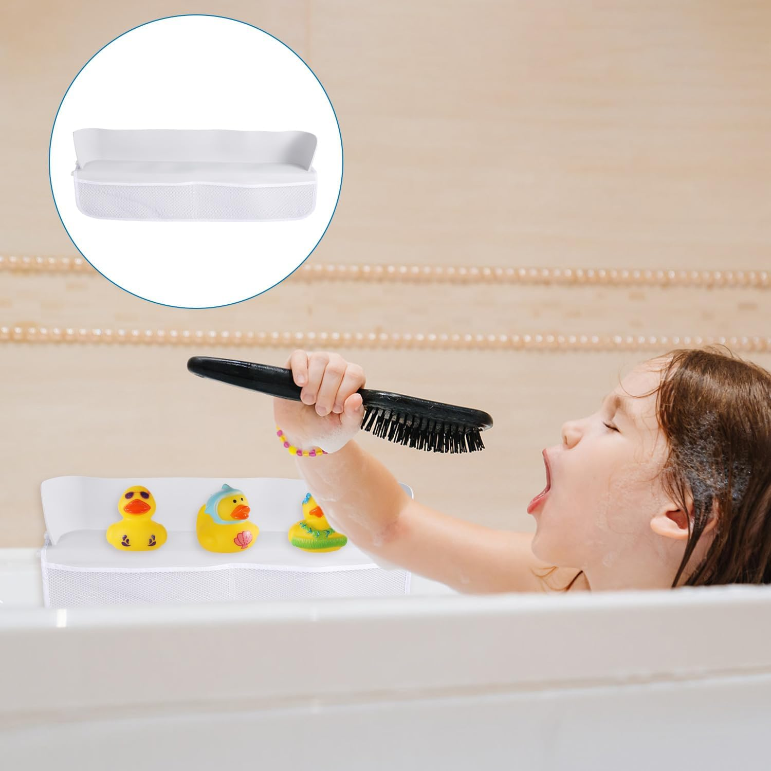 Bathtub Toy Shelf Splash Guard, Splash Protection Play Toy Holder Storage Tray with 4 Mesh Pocket Bag & 8 Suction Cup Super Adsorption, Bath Tub Topper Shelf Organizer for Children Baby Toddler image number 3