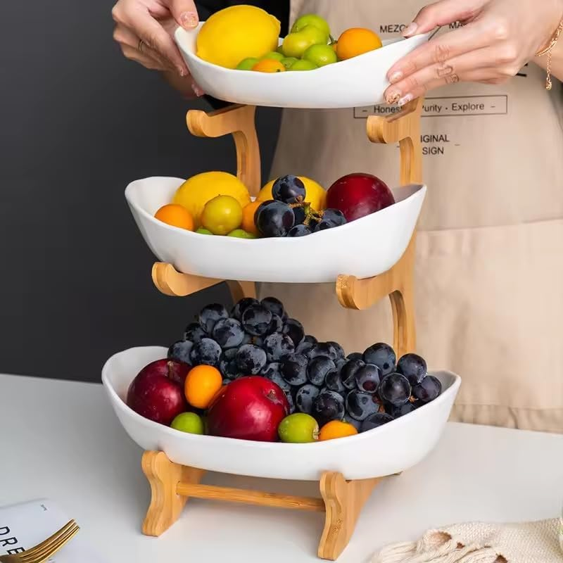 AURORA & Sons-Modern Porcelain 3-Tier Serving Bowls with Stand Holder &ndash; Multi-Level Serving Tray for Fruits, Snacks, and Desserts- Ideal for Kitchen, Dining Room and Party Use image number 4