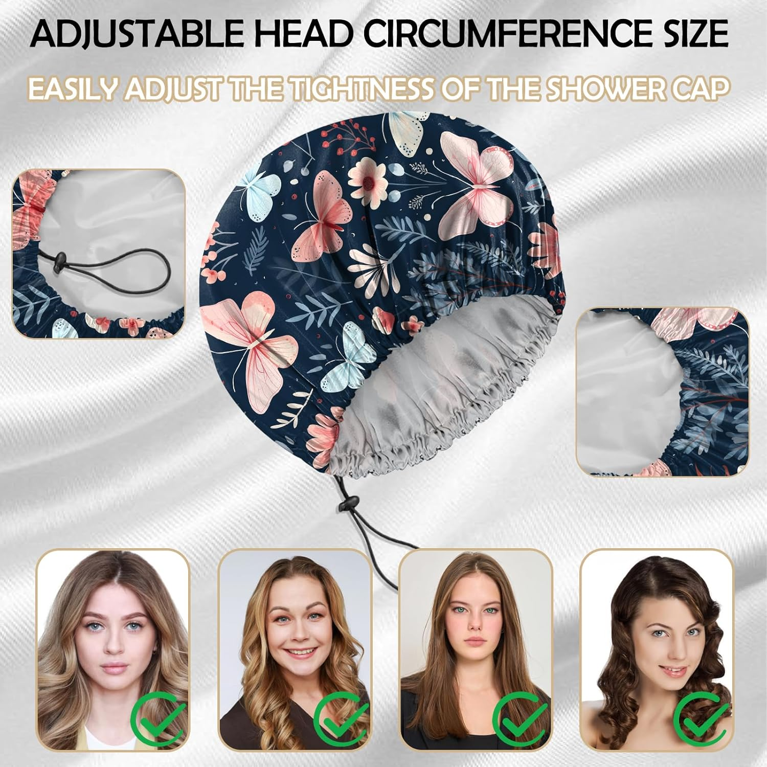 Deokke 2 PCS Shower Cap Reusable Large Waterproof Adjustable Double Layer Elastic Dry Hair Bathing Caps Aesthetic Cute for Women Girls-Butterfly Flower image number 5
