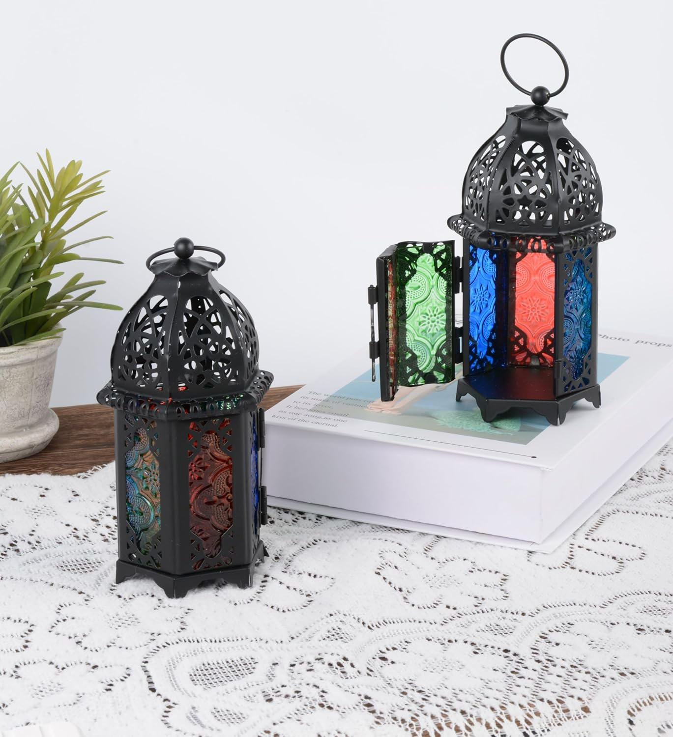 4 Pcs Moroccan Glass Candle Holder Metal Lantern Creative Aromatherapy Candle Cup Iron Art Decorative Piece Colorful Glass Windproof Design Ideal for Home Decor and Wedding Decorations(Black)