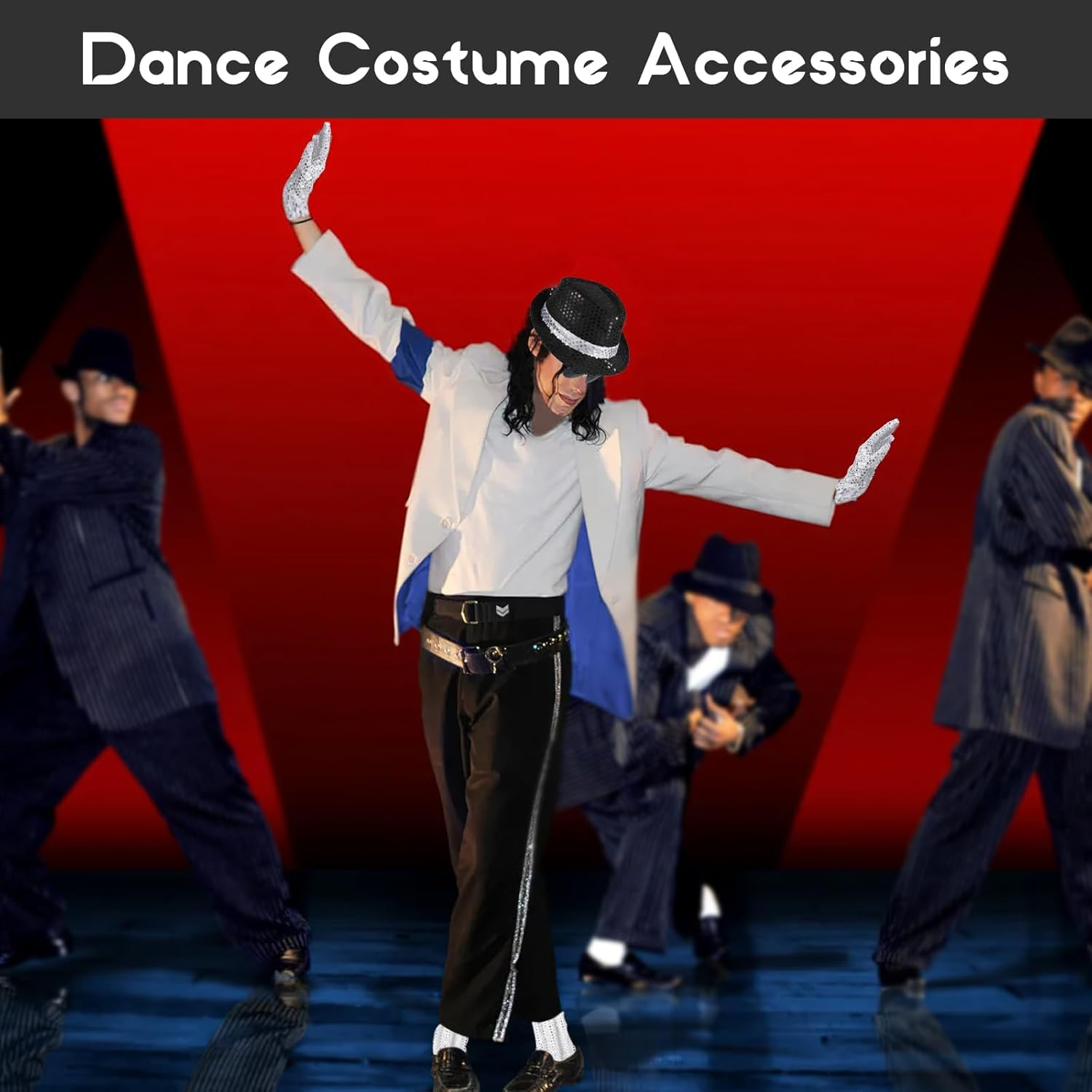 7PCS MJ Costume Accessories Adults, Disco Costume Set with Sequin Hat Head Microphone Sunglasses Sequin Gloves Silver Sock, 1980&rsquo;S Star Fancy Dress Cosplay Halloween Party Dress up Props