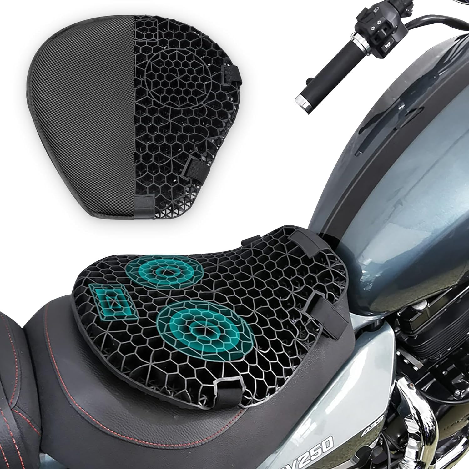 Motorcycle Gel Seat Cushion with Seat Cover, 3D Honeycomb Structure, Breathable Shock Absorption Motorcycle Seat Cover, Motorcycle Gel Seat Pad for Comfortable Long Rides image number 2