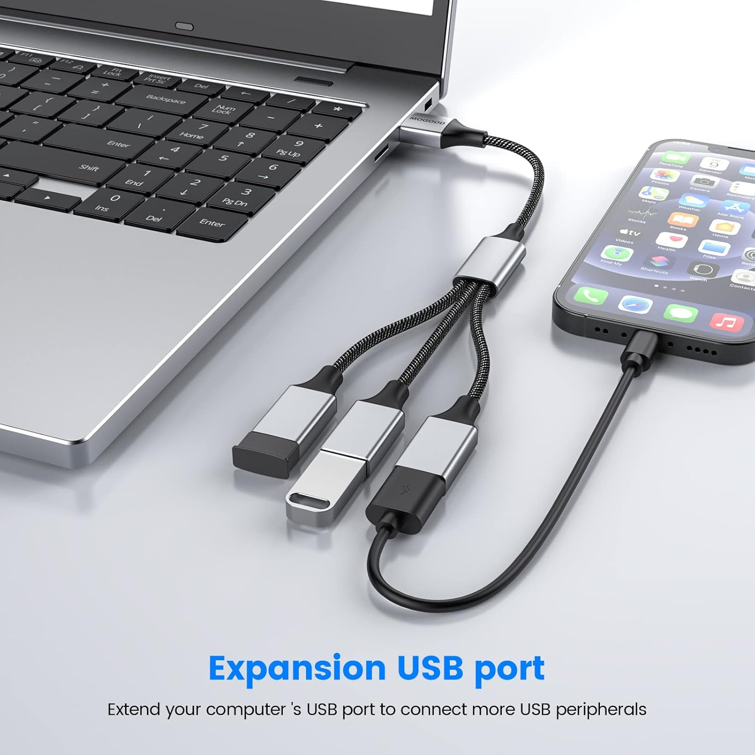 USB 3 Port Splitter Cable, MOGOOD USB Type B Splitter 1 Male to 3 Female USB 2.0 Adapter Power Cord Extension Hub for Charging/Data Transfer/Laptop/Mac image number 2