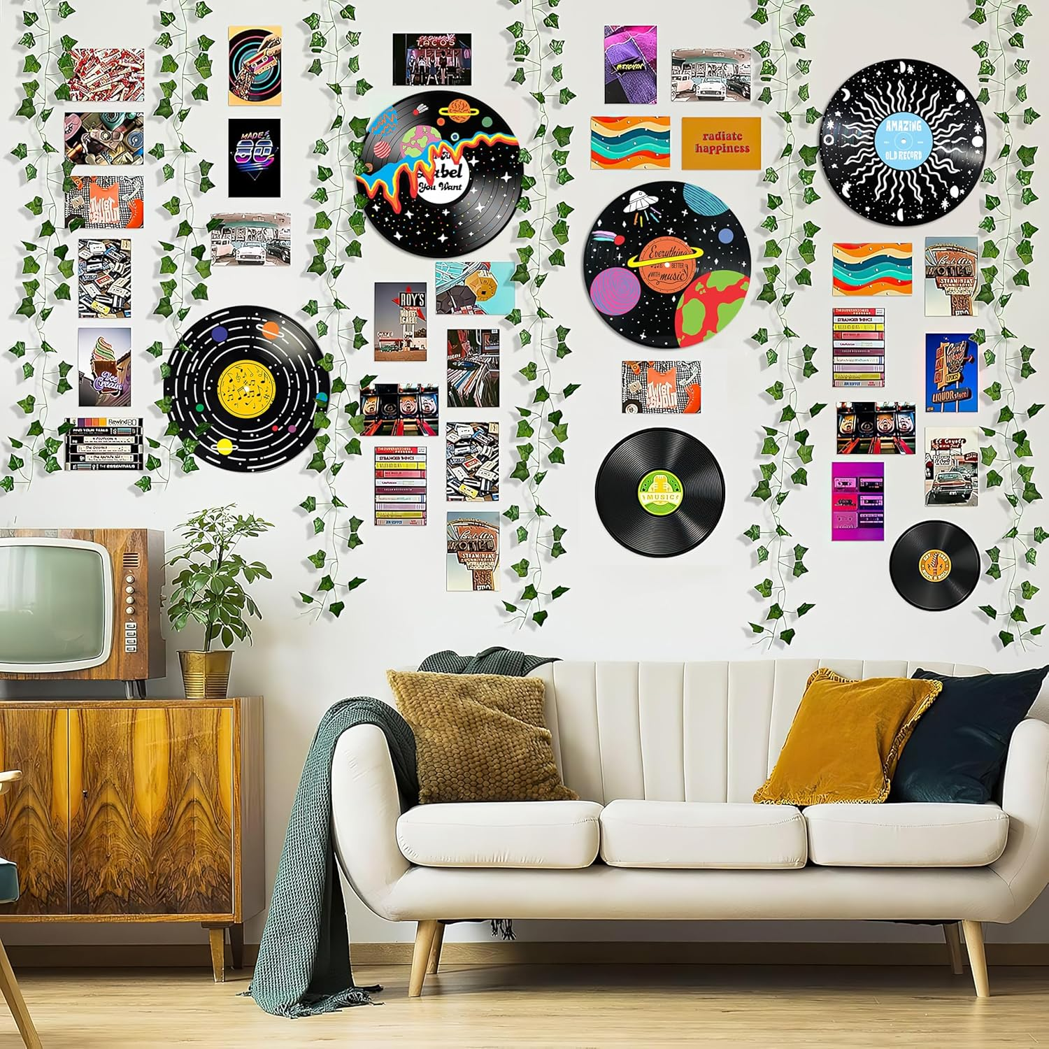 HK Studio Vintage Decor Records for Wall Aesthetic 11.4'' Pack 4 - PVC, Actual Vinyl Size Indie Record Dorm, Boy & Girl Room Hippie Multicolor image number 5